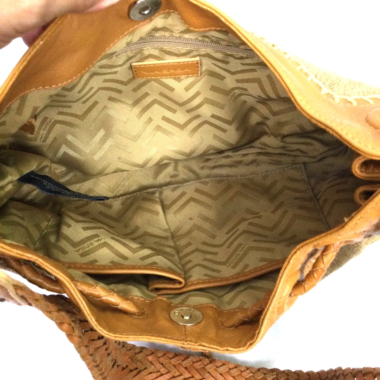 Via Spiga Fabric Leather Trim Slip Single Woven Handle Brown Bagette Handbag