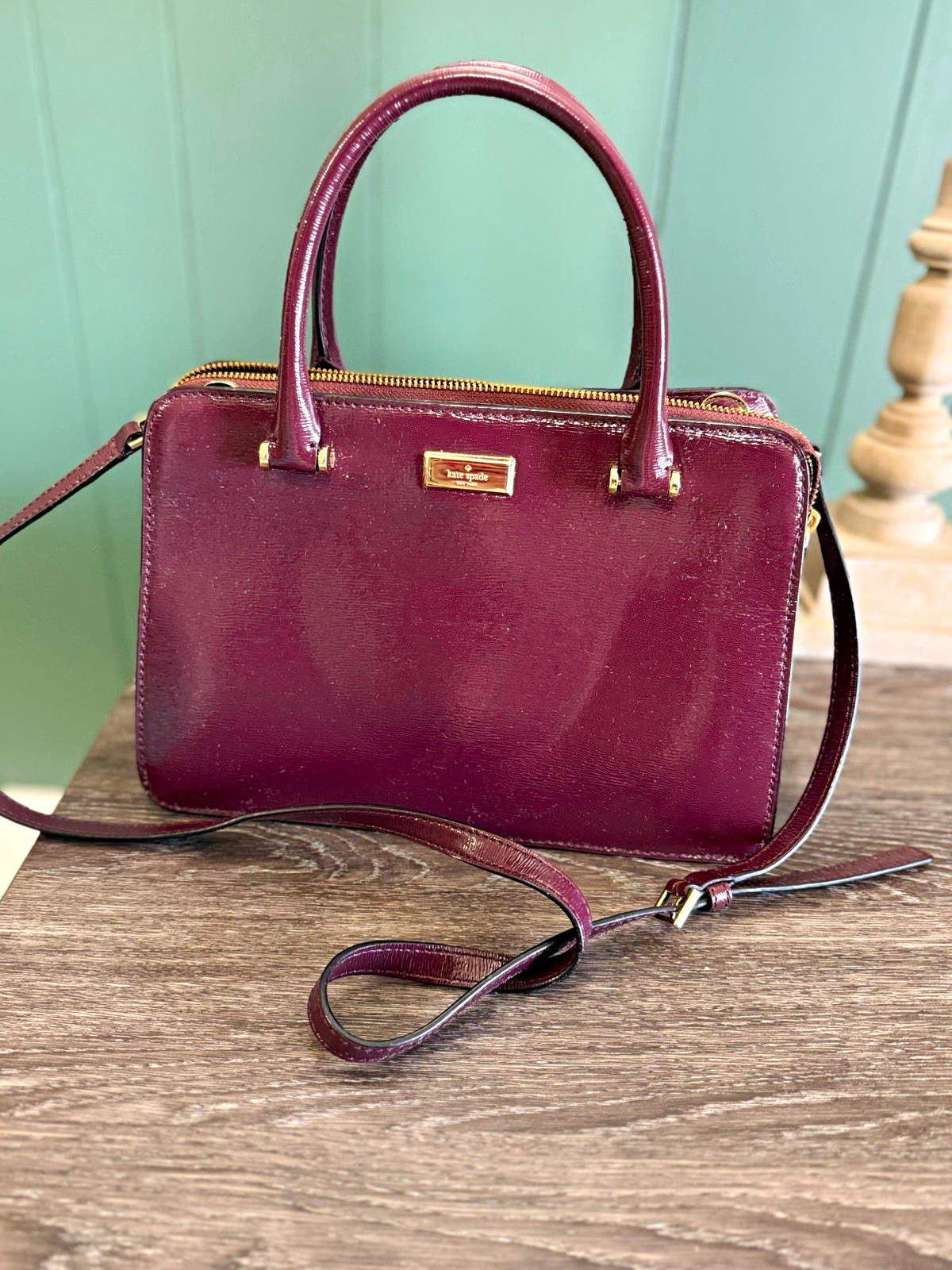 Kate Spade New York Burgundy Small Patent Satchel Zip Detachable Strap Gold