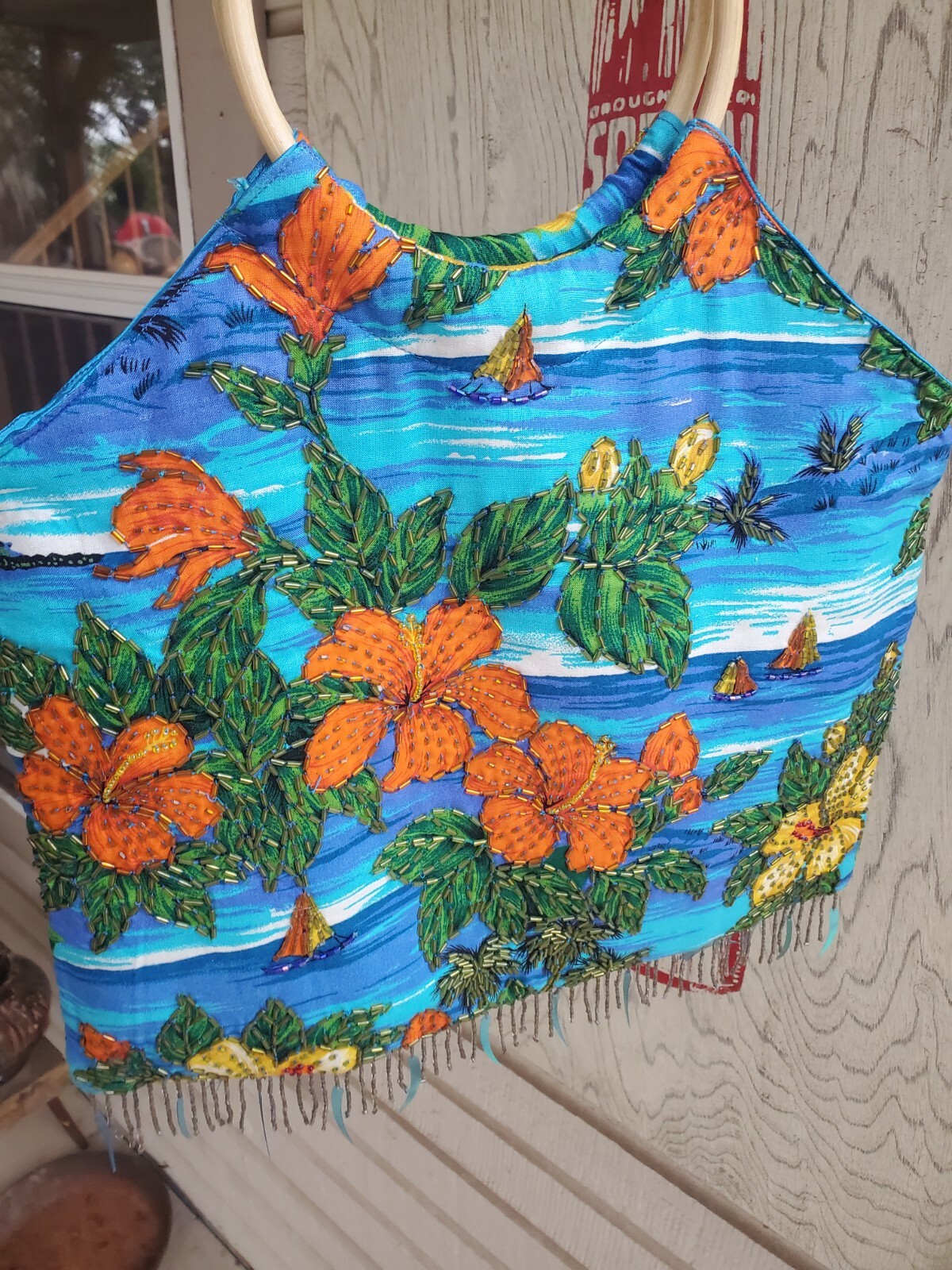 Gorgeous Silk Fabric Hawaiian Print Hibiscus Beaded & Fringed Bamboo Handle Bag