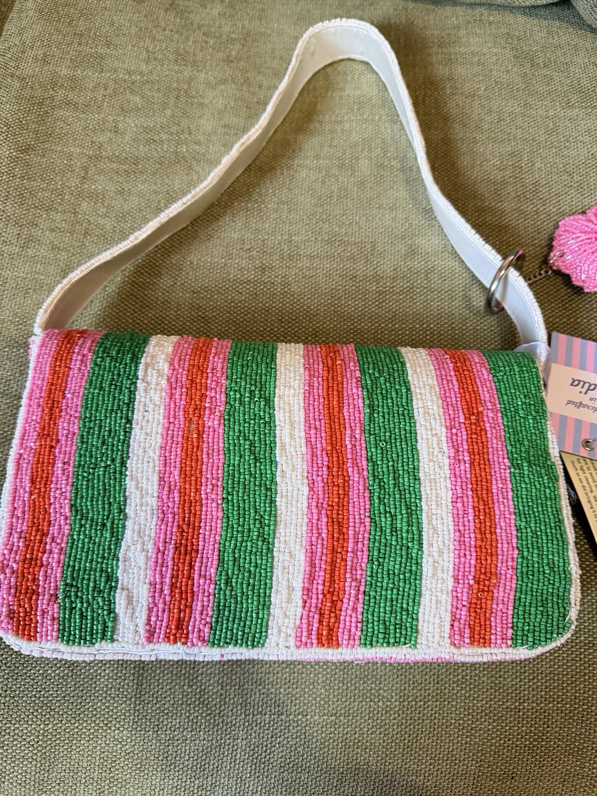 Handmade Beaded in India Shoulder Bag Striped Polka Dot Pink Green w/Charm Viral