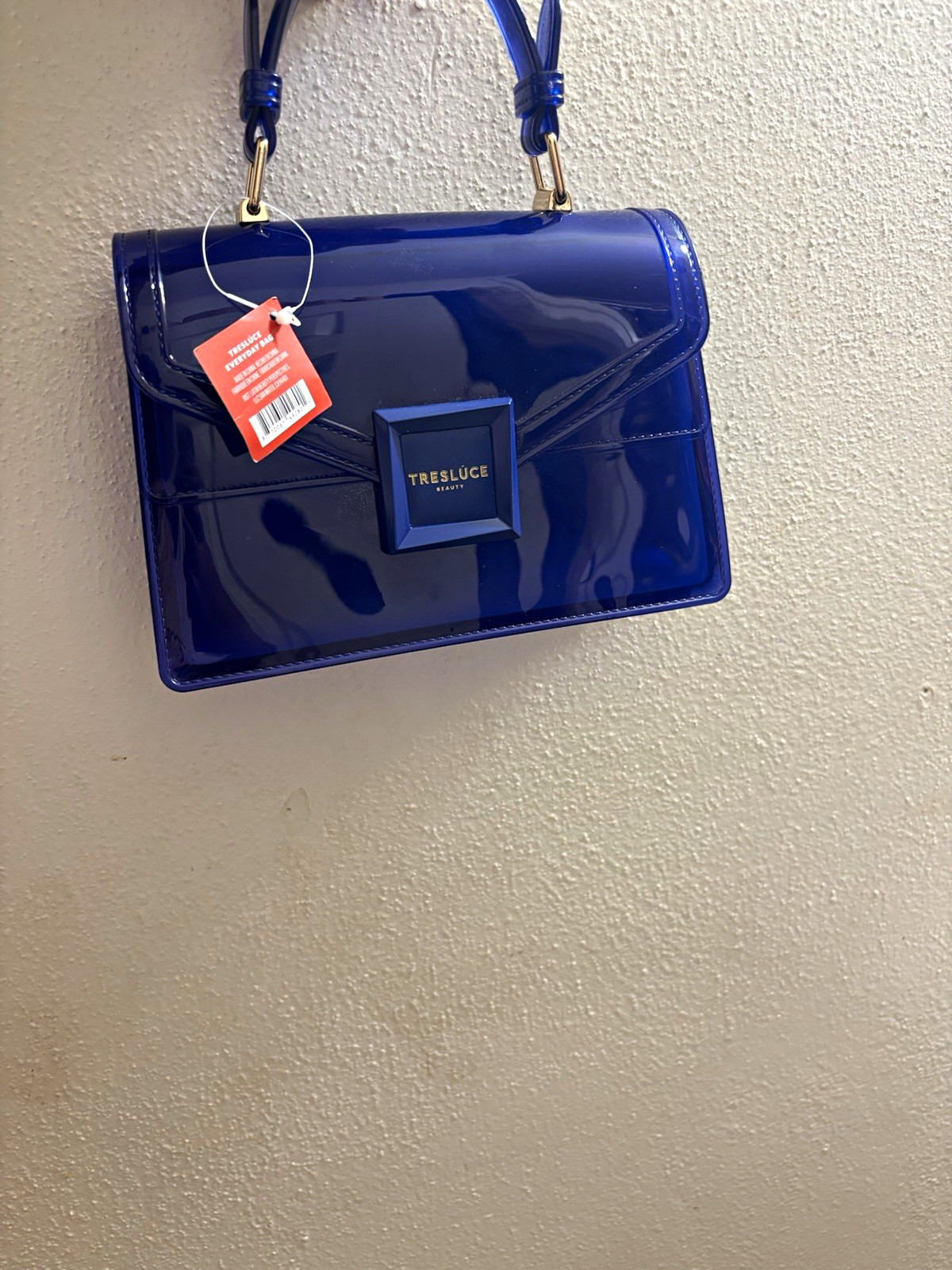 Treslúce Beauty Blue Glossy Logo Top Handle Bag Rectangle Gold Hardware