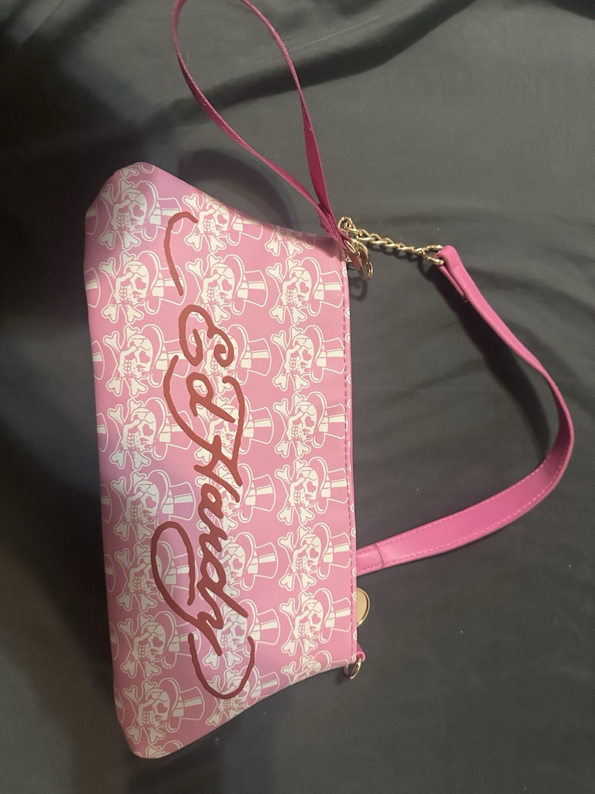 Ed Hardy Pink Tiger Rhinestone Chain Shoulder Bag Purse Zip Detachable Strap