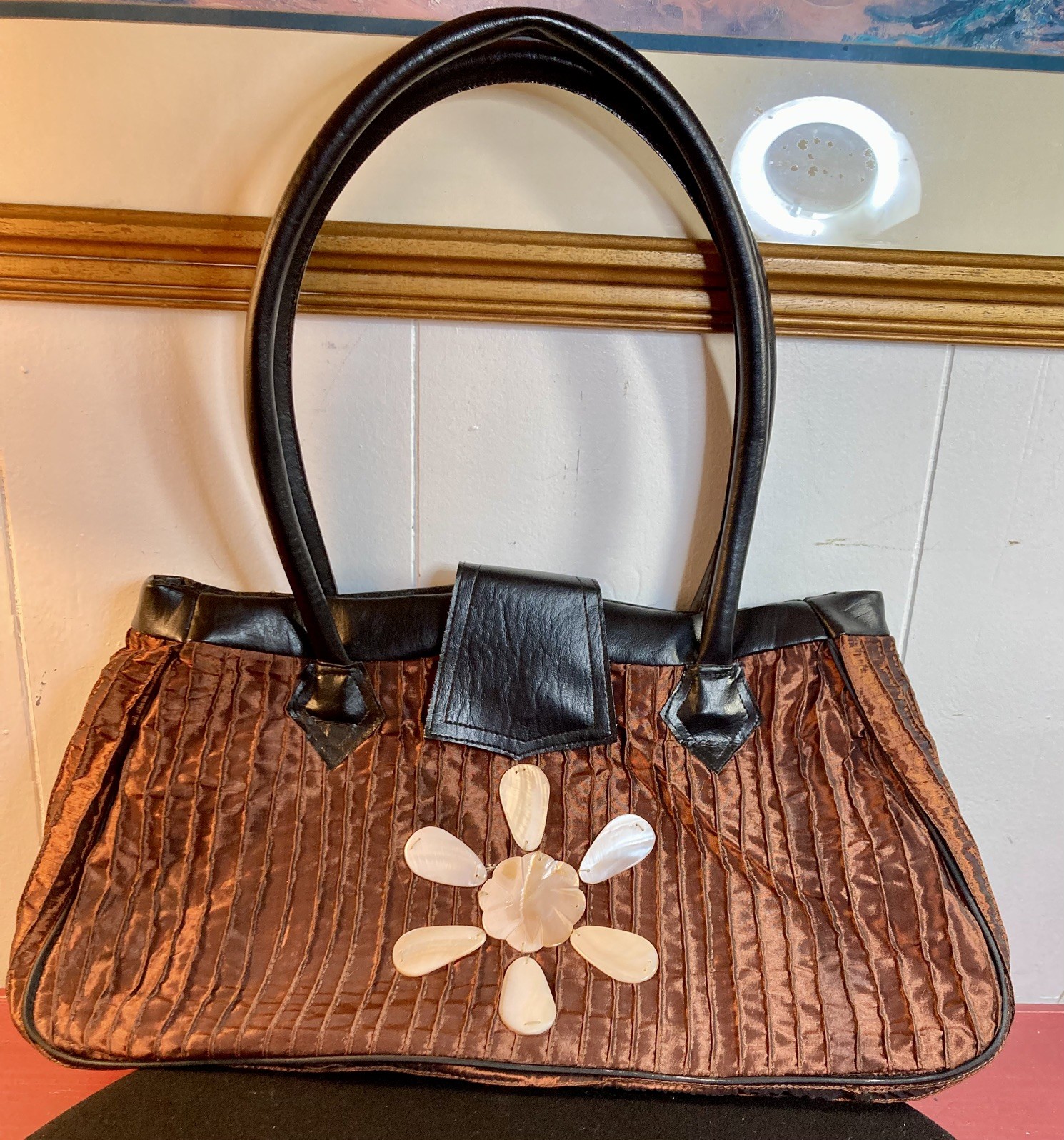 Vintage Y2K Mad Bags Copper Taffeta Silk & Mother Of Pearl Flower Purse