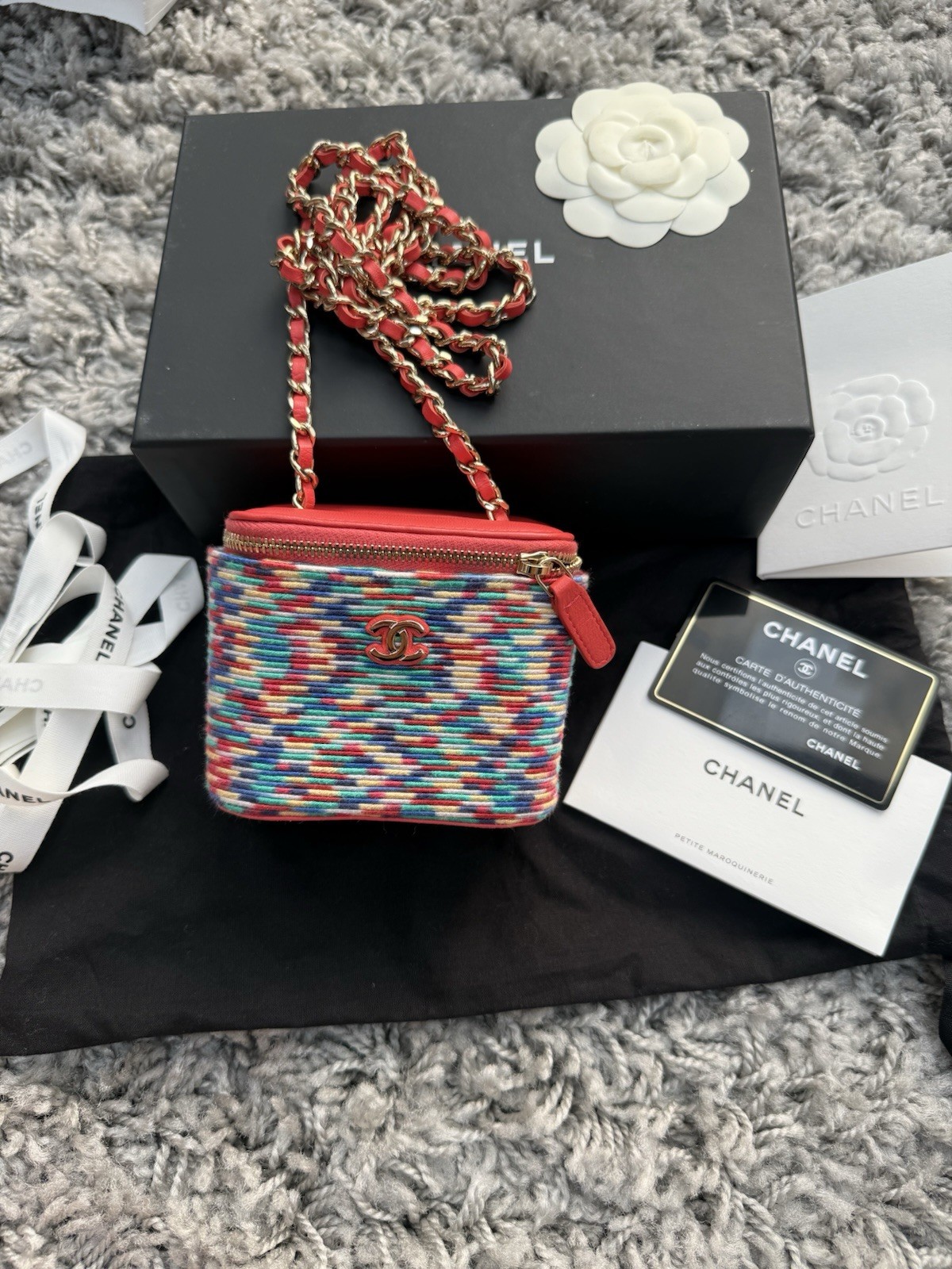 Chanel Multicolor Thread Lambskin Micro Vanity Case Gold Chain Bag Purse Mini