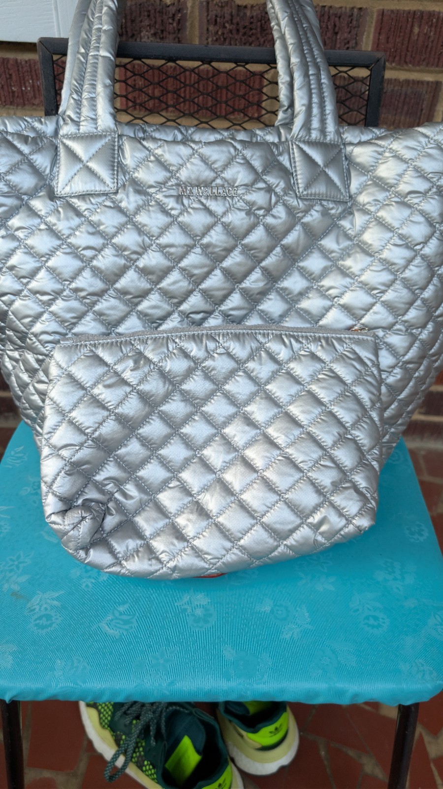 MZ WALLACE Medium Silver Metro Tote Bag w/Pouch Included -EUC
