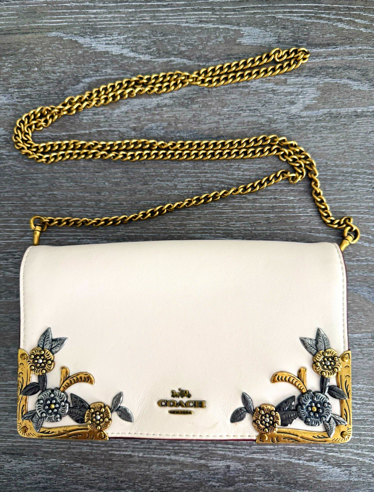 Coach 1941 Callie Foldover Chain Clutch With Metal Tea Rose – detachable strap