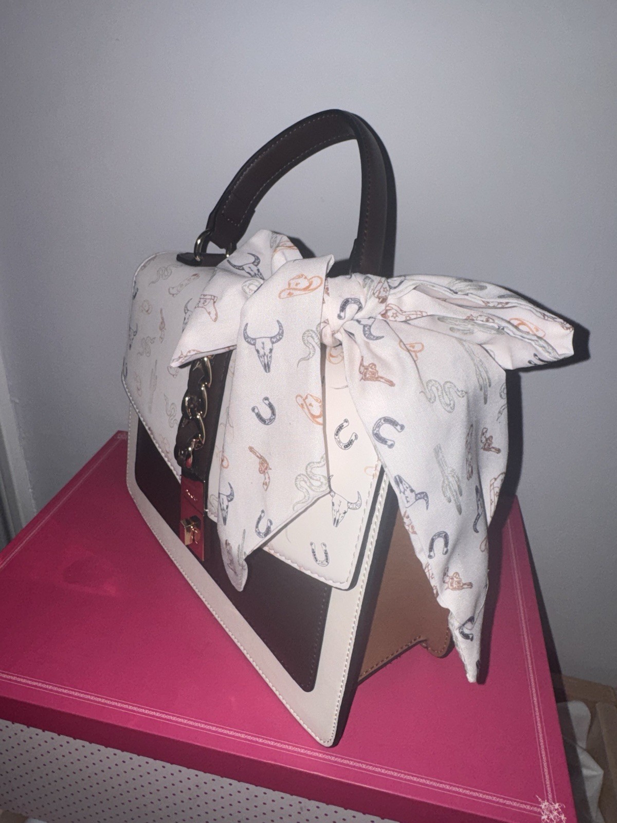 Beige Brown Western Satchel Top Handle Detachable Crossbody Chain Bow