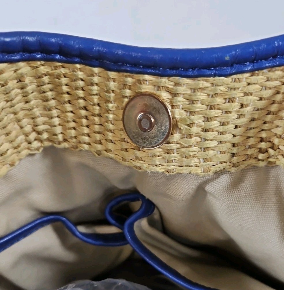 Tory Burch Straw/Raffia Tote Bag Blue Leather Trim 12 in. X 11 in. X 4 in. Large