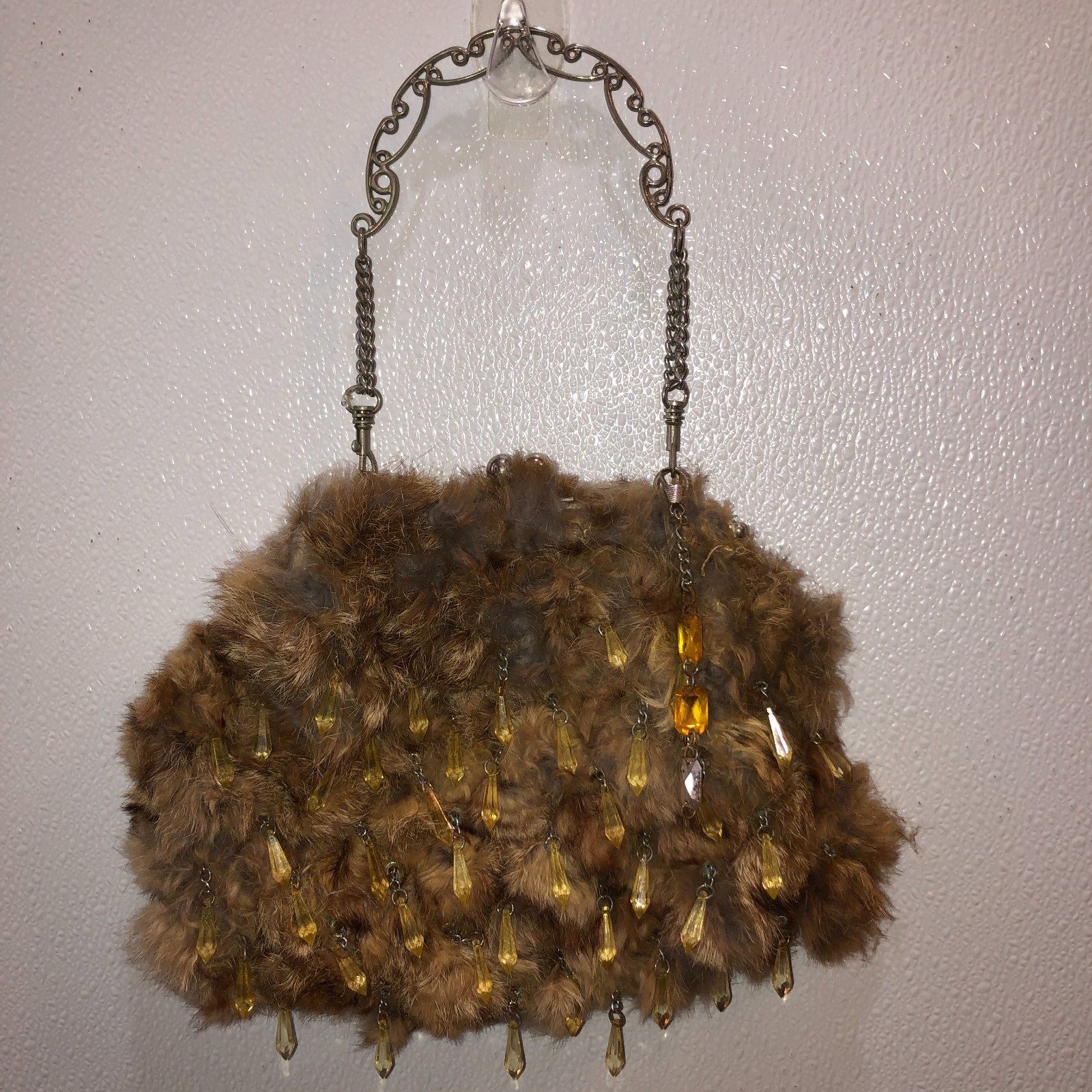 Vintage Brown Fur Dangling Rhinestones Casual Formal Clutch Hand Bag Purse