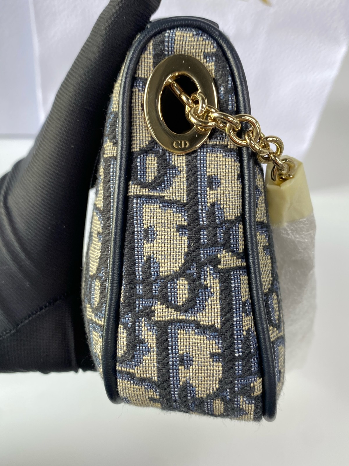 Christian Dior Oblique Zipped Pouch Black Calfskin Bow Pale Chain Bag Brand New