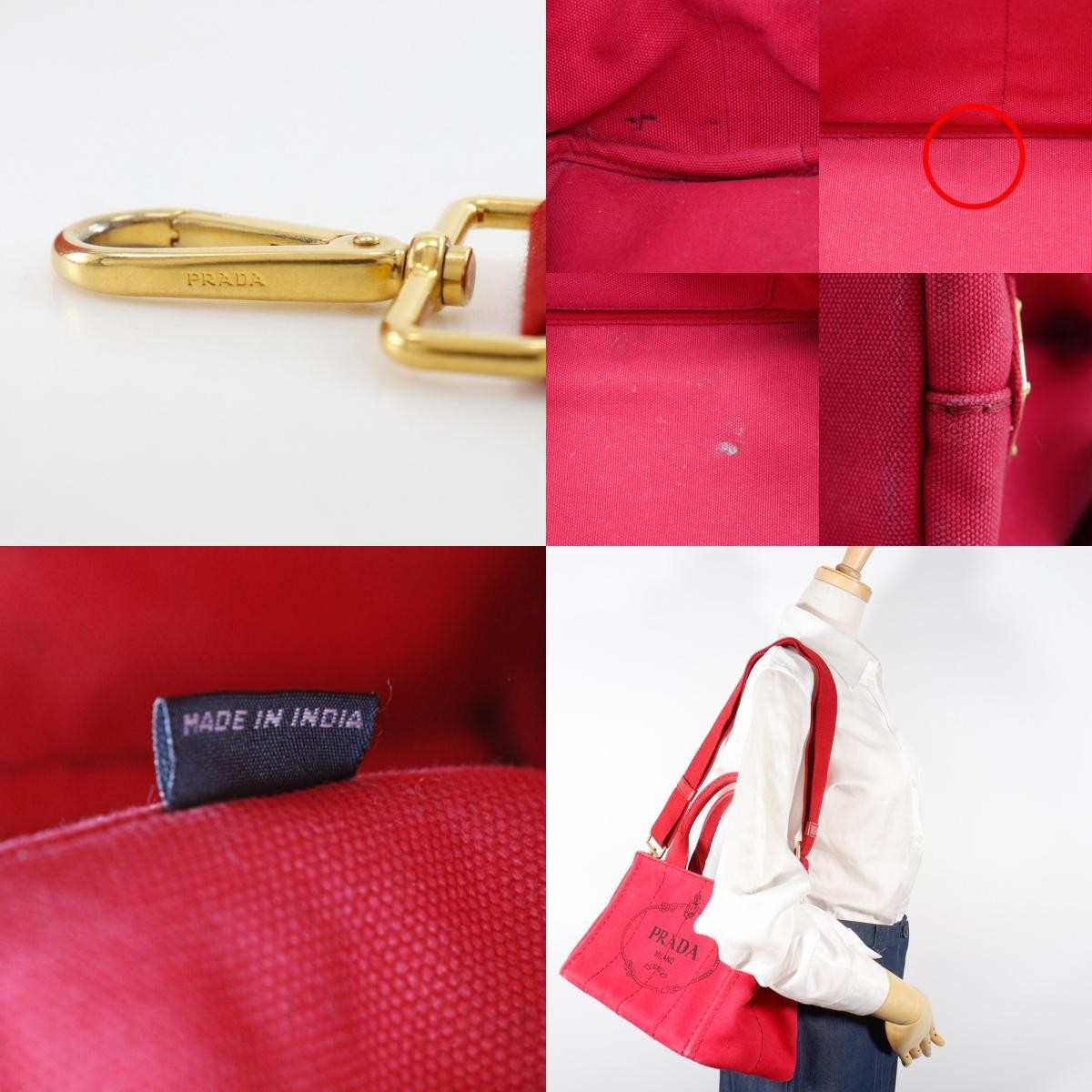 PRADA Canapa Tote Mini Handbag 2WAYShoulder Red canvas Women