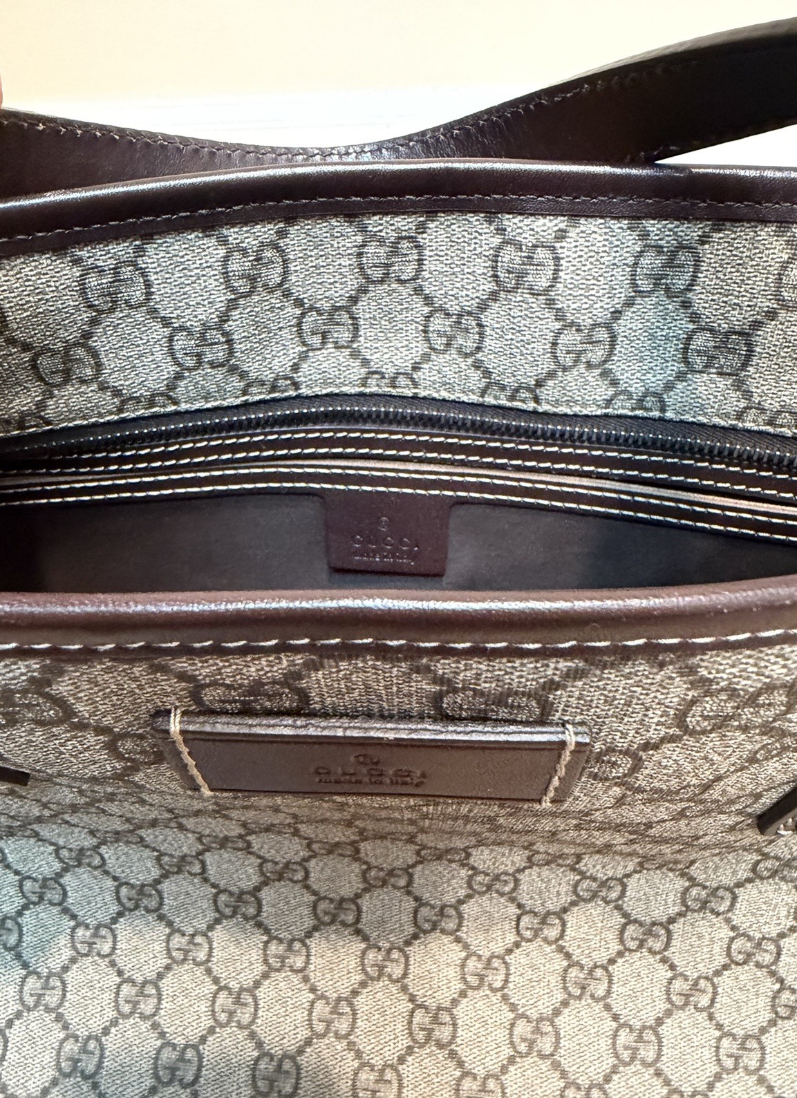Gucci GG Supreme Tote Bag Large Brown Leather Trim Shopper Shoulder Bag Preowned