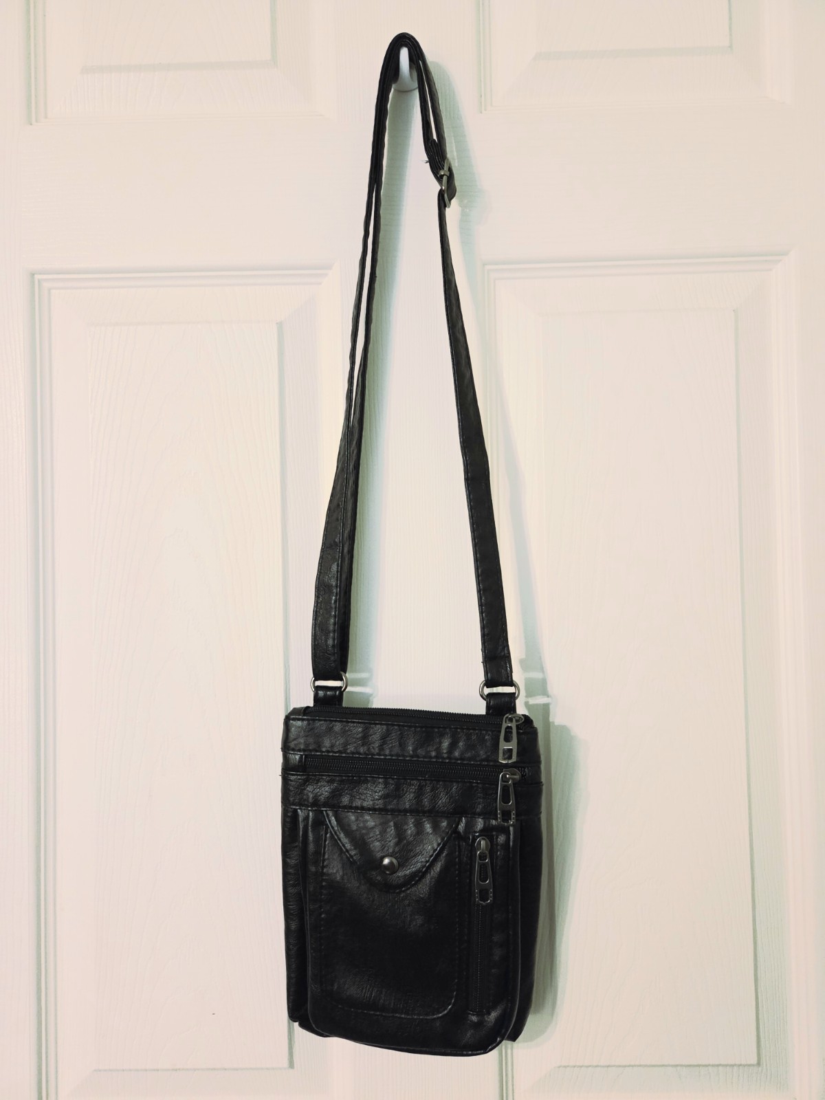 Black Faux Leather/Vinyl Small Crossbody Adjustable Strap Multi Zip Pockets