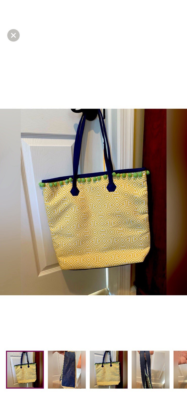Clinique Jonathan Adler Yellow Geometric Tote Bag Pom-Pom Accent Blue Handles