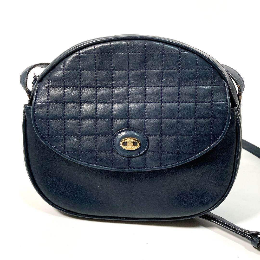 CELINE Quilted Leather Shoulder Bag Triomphe Macadam Dark Blue Gold Auth