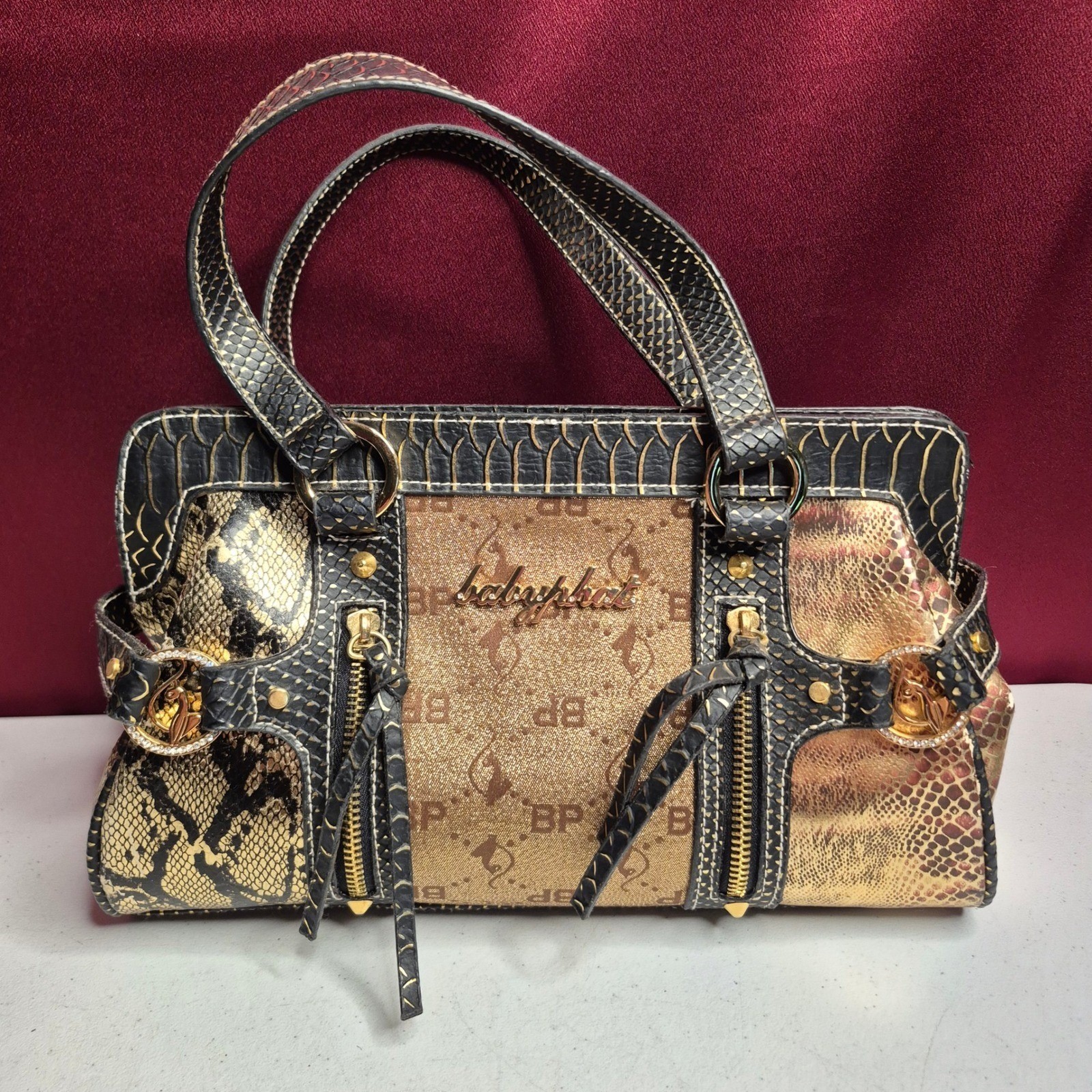 Vintage Baby Phat Y2K Monogram Satchel Handbag Gold Snakeskin Trim Cat Logo