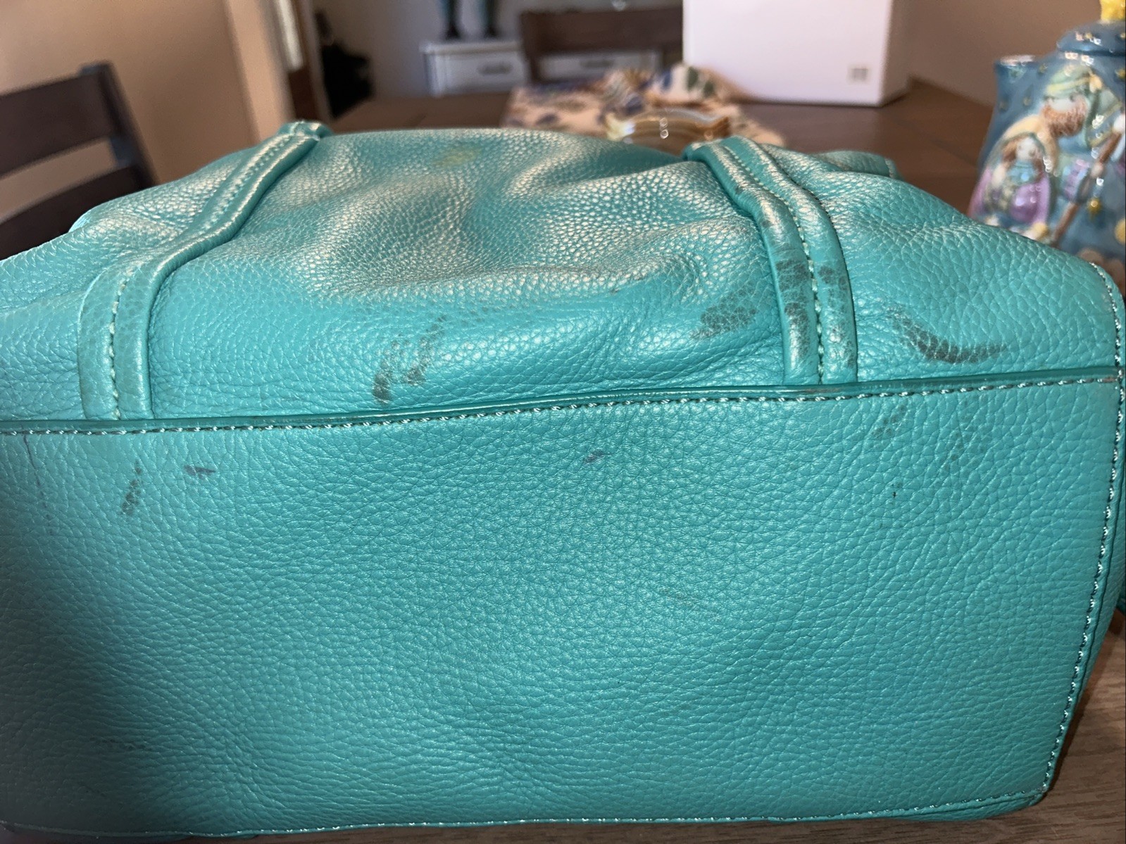Vera Bradley Purse Bag Large Teal Leather Adjustable Straps Floral Interior
