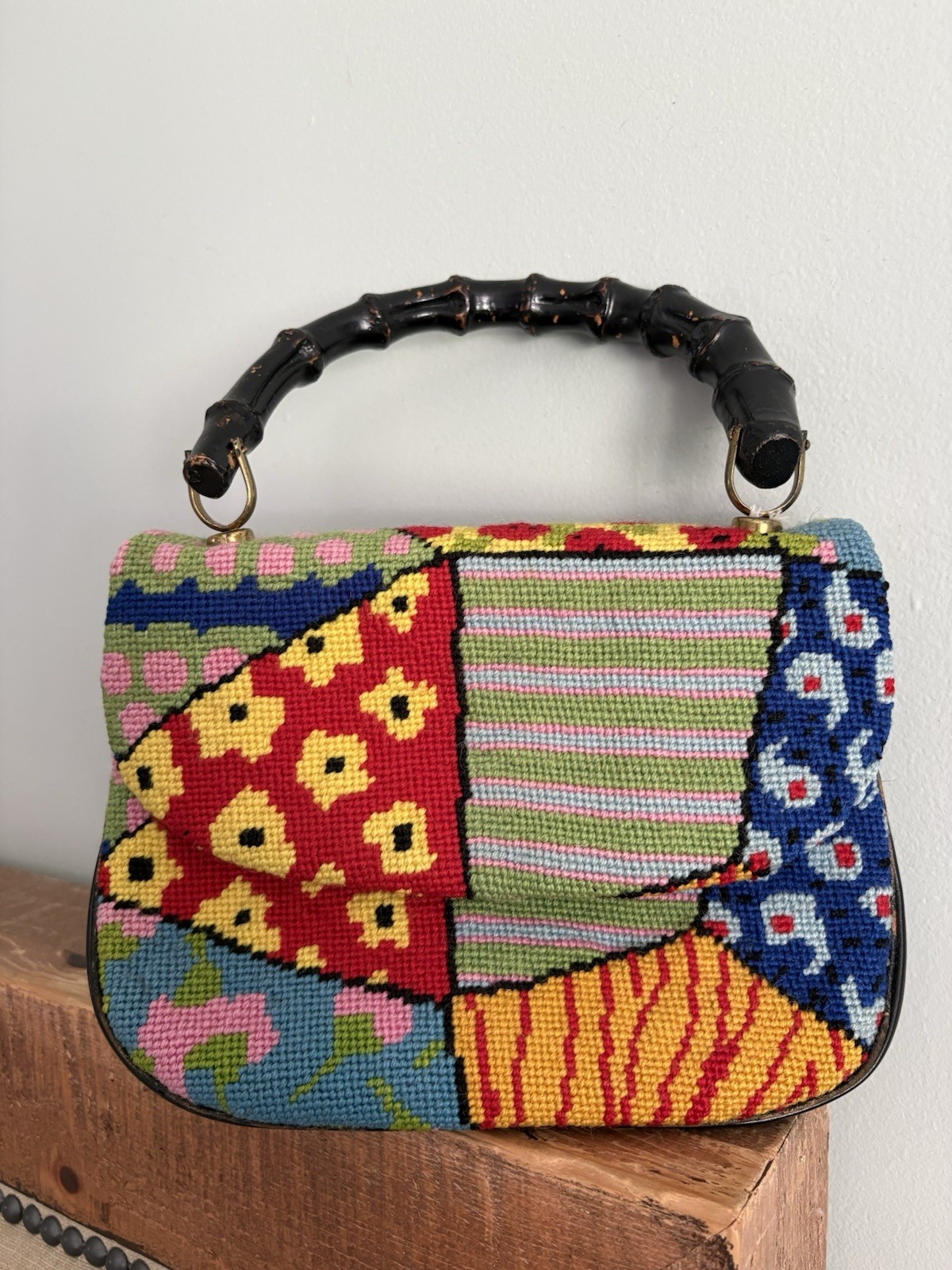 Vintage 1960s Floral Needlepoint Patchwork Bamboo Top Handle Carpet Bag Purse