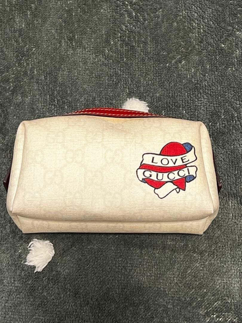 GUCCI LOVE GUCCI Pouch Cosmetic Bag White PVC Canvas Leather Vintage From Japan