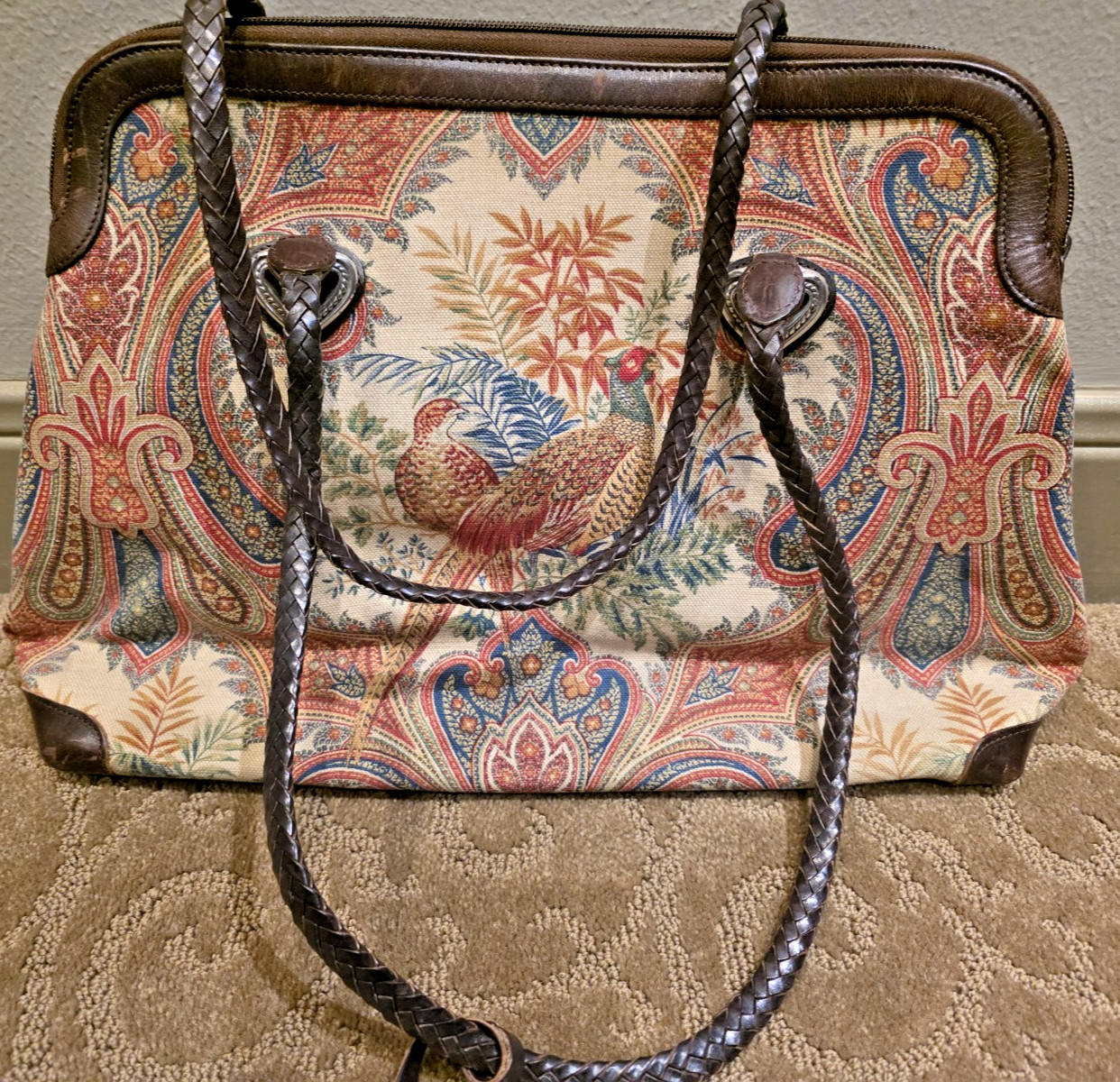 Brighton Alyssa Pheasant Tapestry Leather Weekender Travel Tote Bag