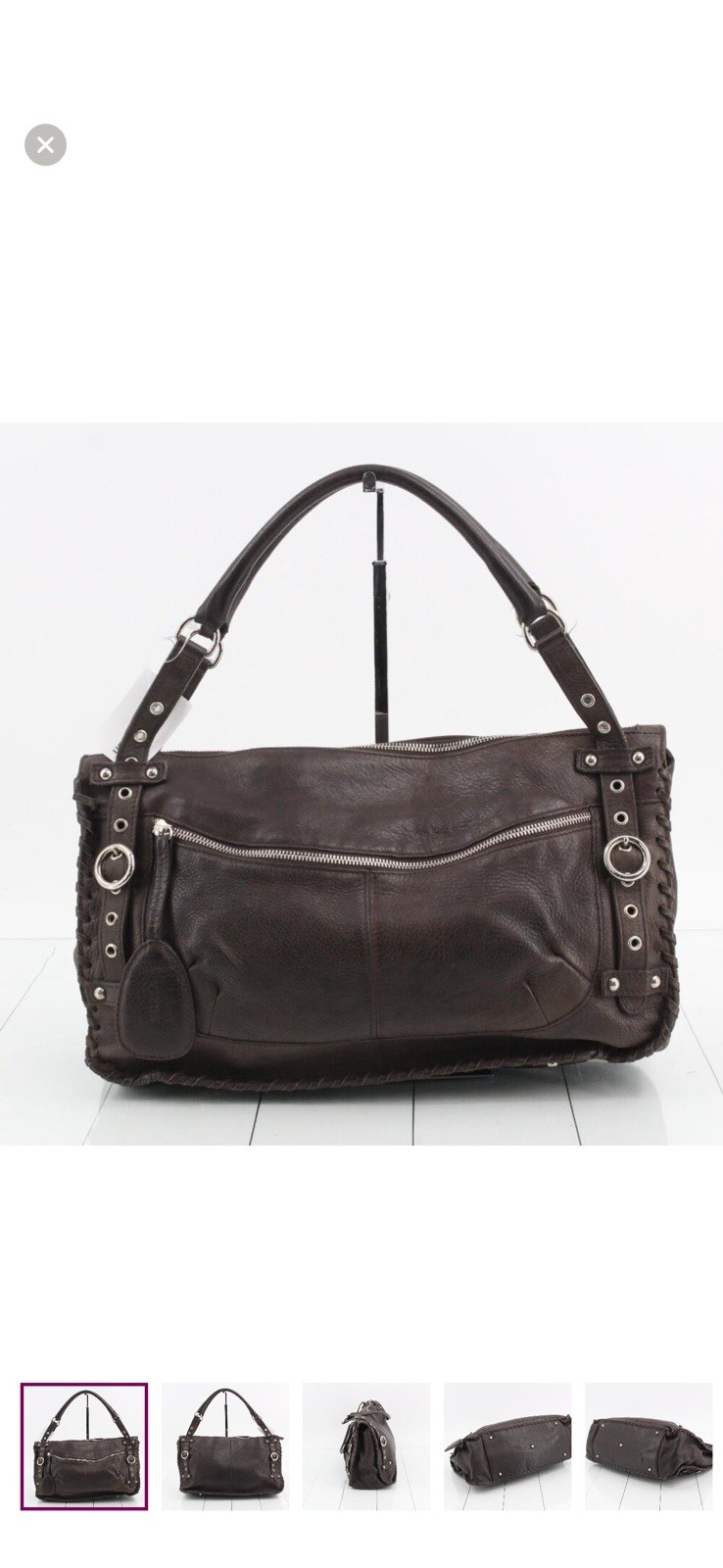 Furla Shoulder Bag Dark Brown Leather Grommet Stitching Silver Hardware