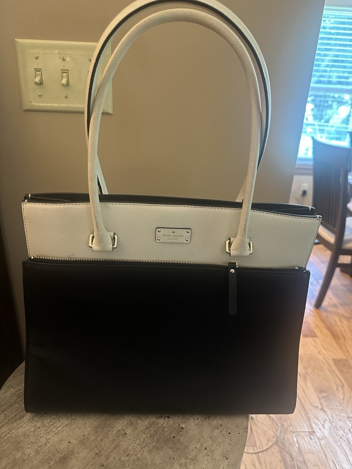 kate spade new york Colorblock Black/White Large Tote with Silver Hardware