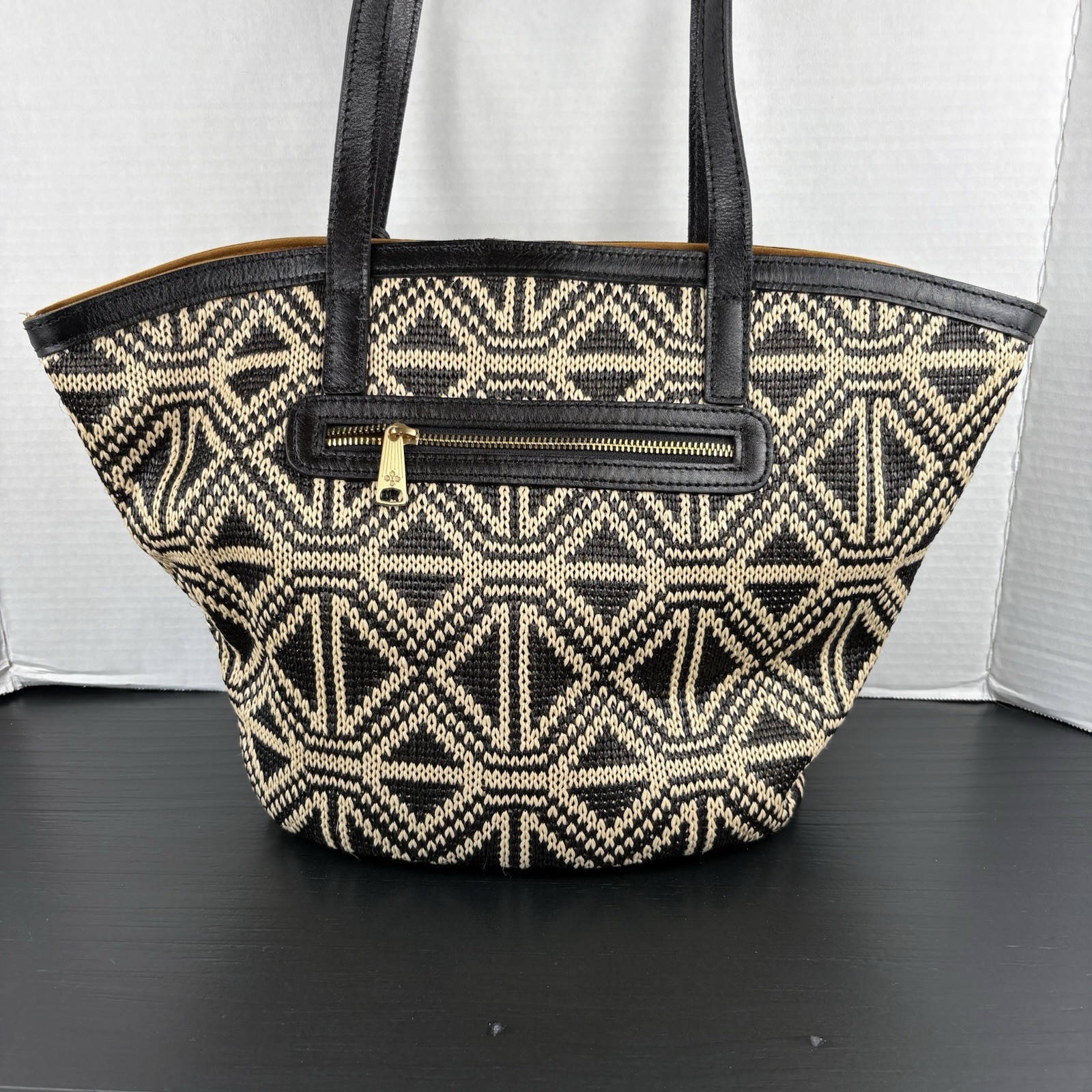 Patricia Nash Marconia Woven Geometrical Tote Shoulder Bag Natural & Black VGC