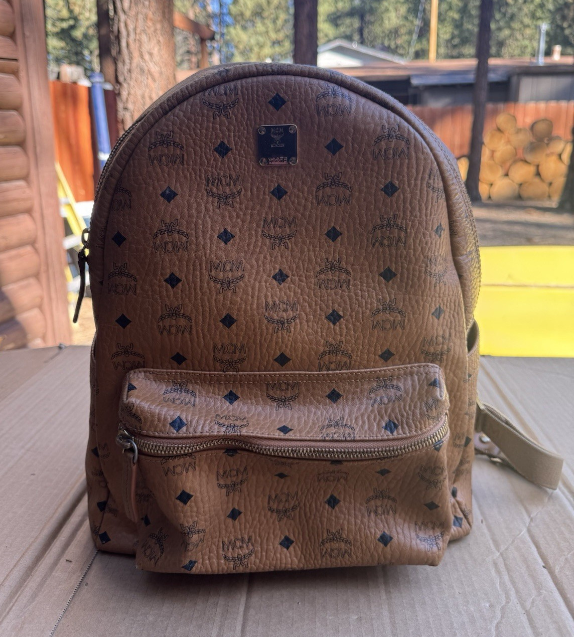 MCM Visetos Monogram Backpack Zip Closure Front Zip Pocket