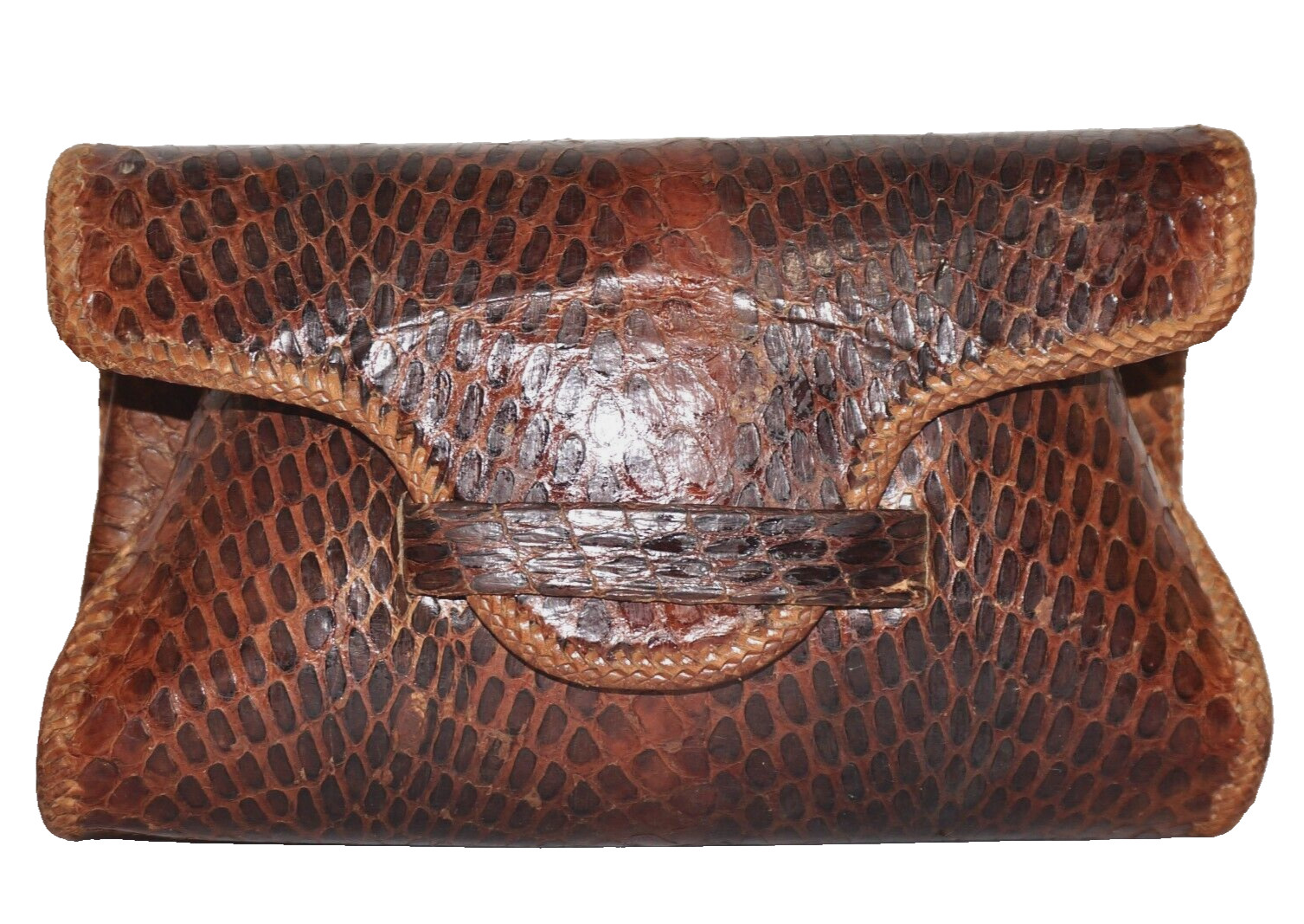 70’s Vintage ARTISAN CRAFTED Brown Snakeskin & Leather Structured Clutch 5×8
