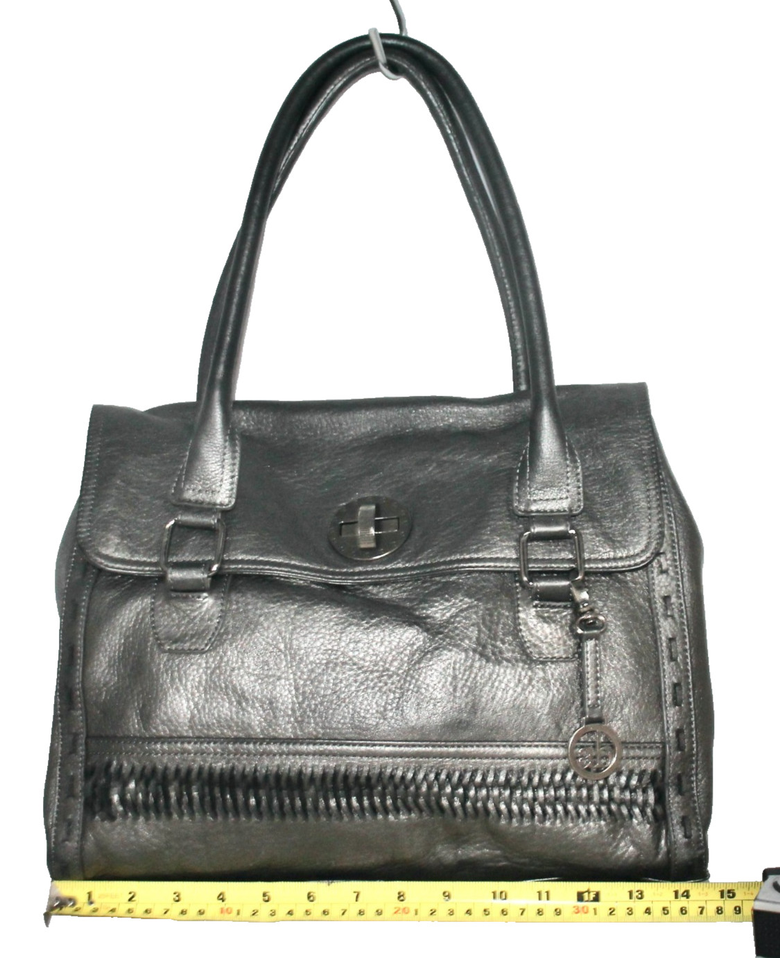 AUDREY BROOKE Large Turnlock Hobo Shoulder Bag Dark Pewter Leather Whipstitching