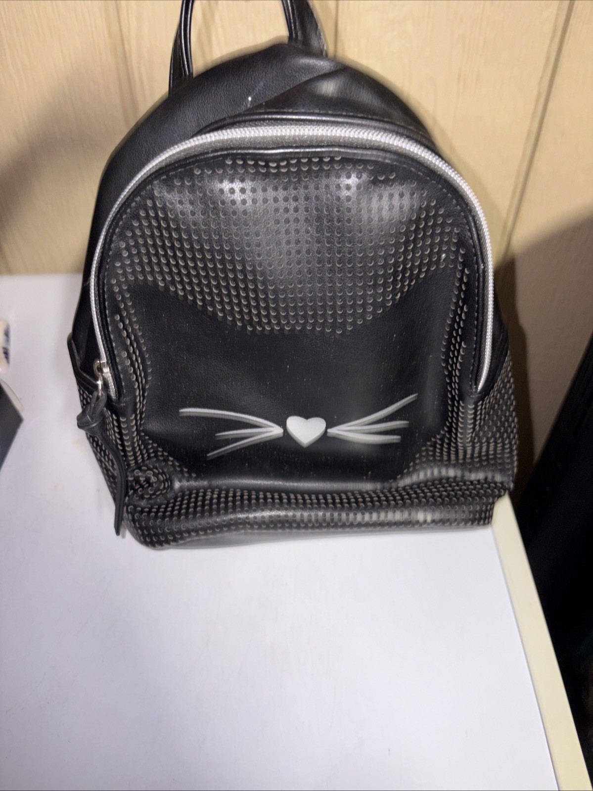 Cat-Face Faux Leather Mini Backpack – Black Perforated Whiskers Design – 9x8x4”
