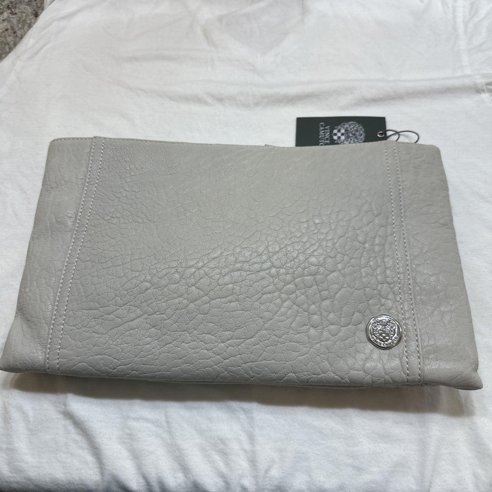New VINCE CAMUTO BAILY DOVE GRAY BUBLAM GENUINE LEATHER CLUTCH MSRP $198