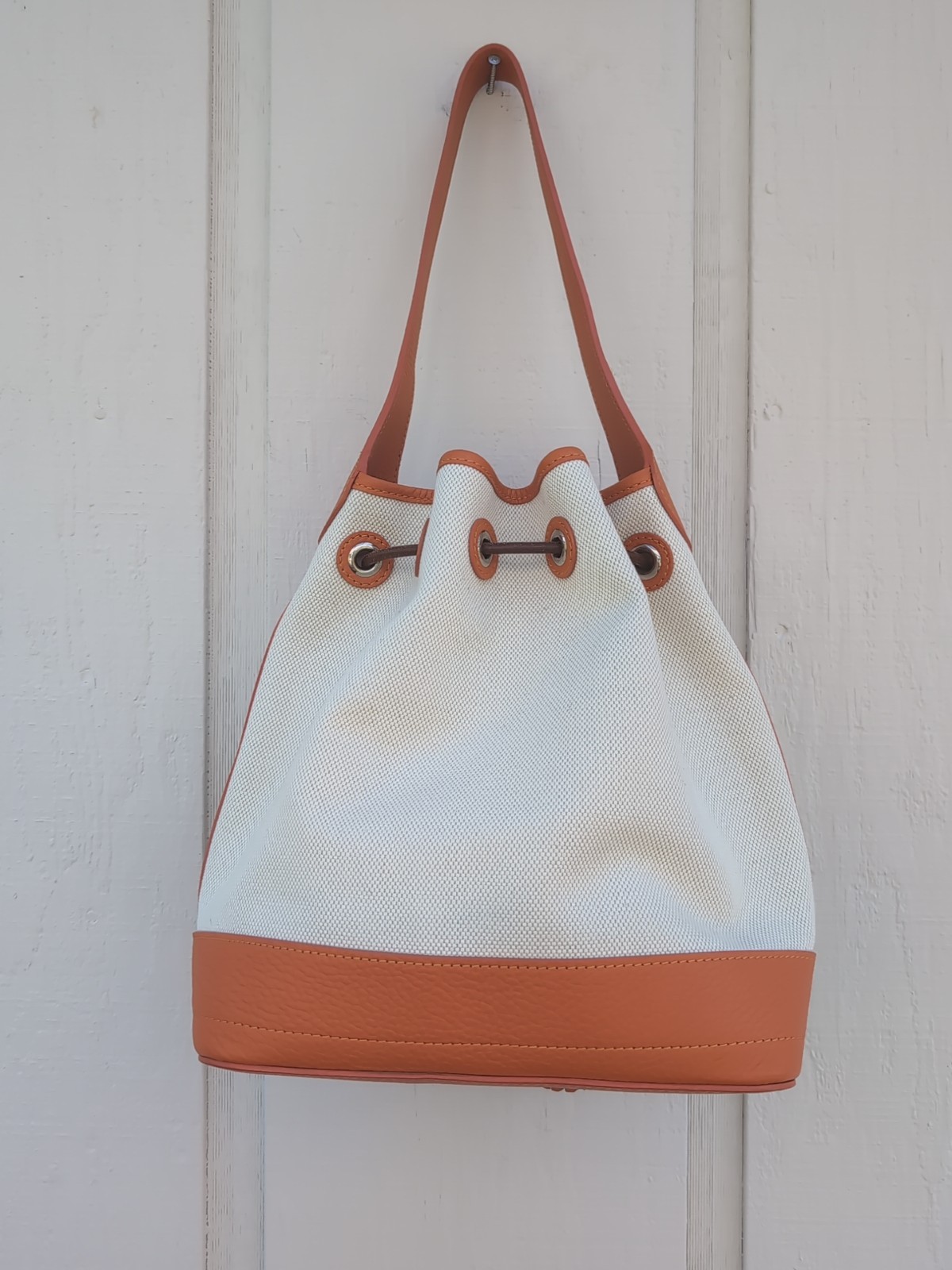 Oncour French Leather Drawstring Bucket Bag Beige Orange