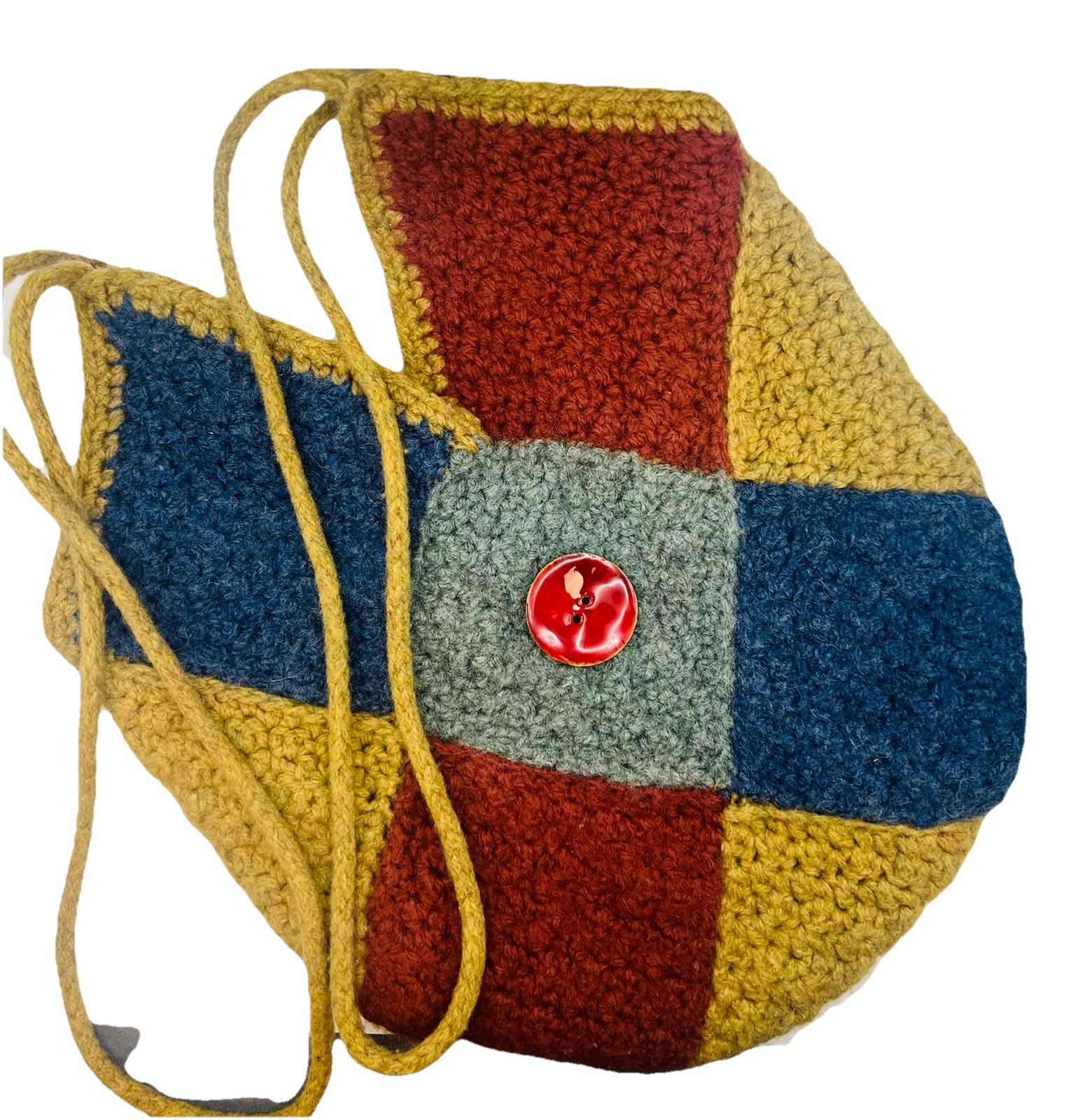 Handmade Crochet Wool Multicolor Patchwork Bag Purse String Handle BOHO w Button