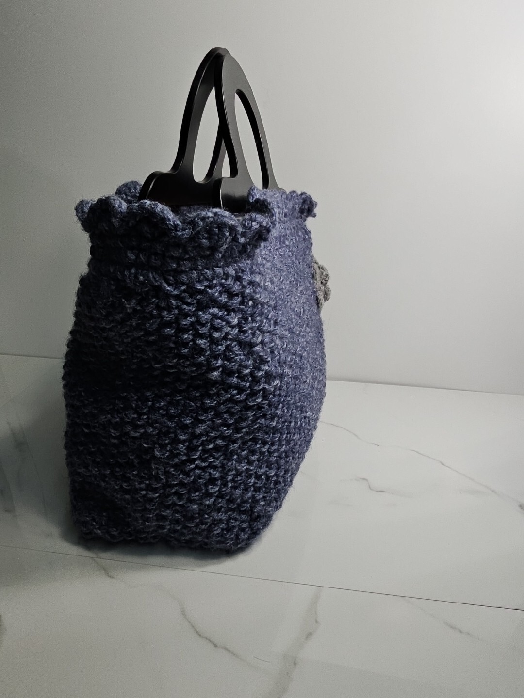 Hand Crafted Blue Wool Blended Crochet Tote Bag 12x9x4″