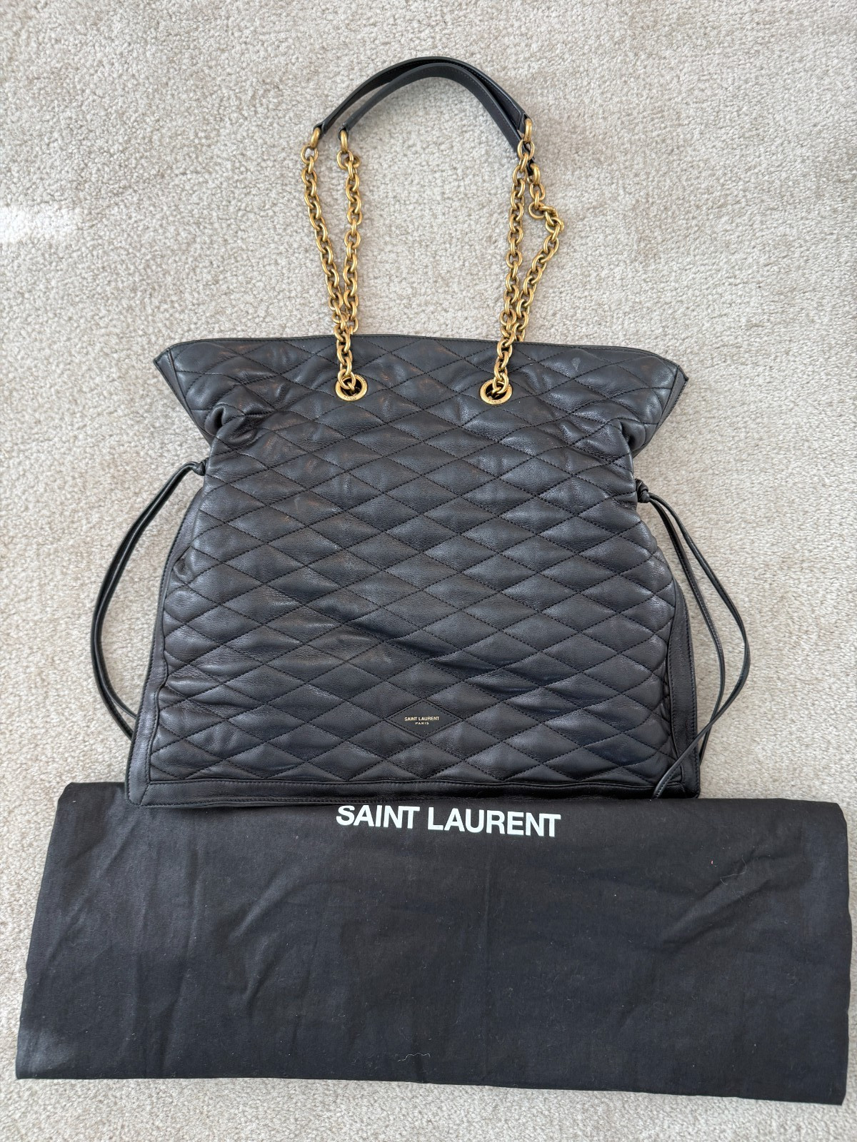 Saint Laurent Black Leather Quilted Pochon Drawstring Tote Shoulder Bag