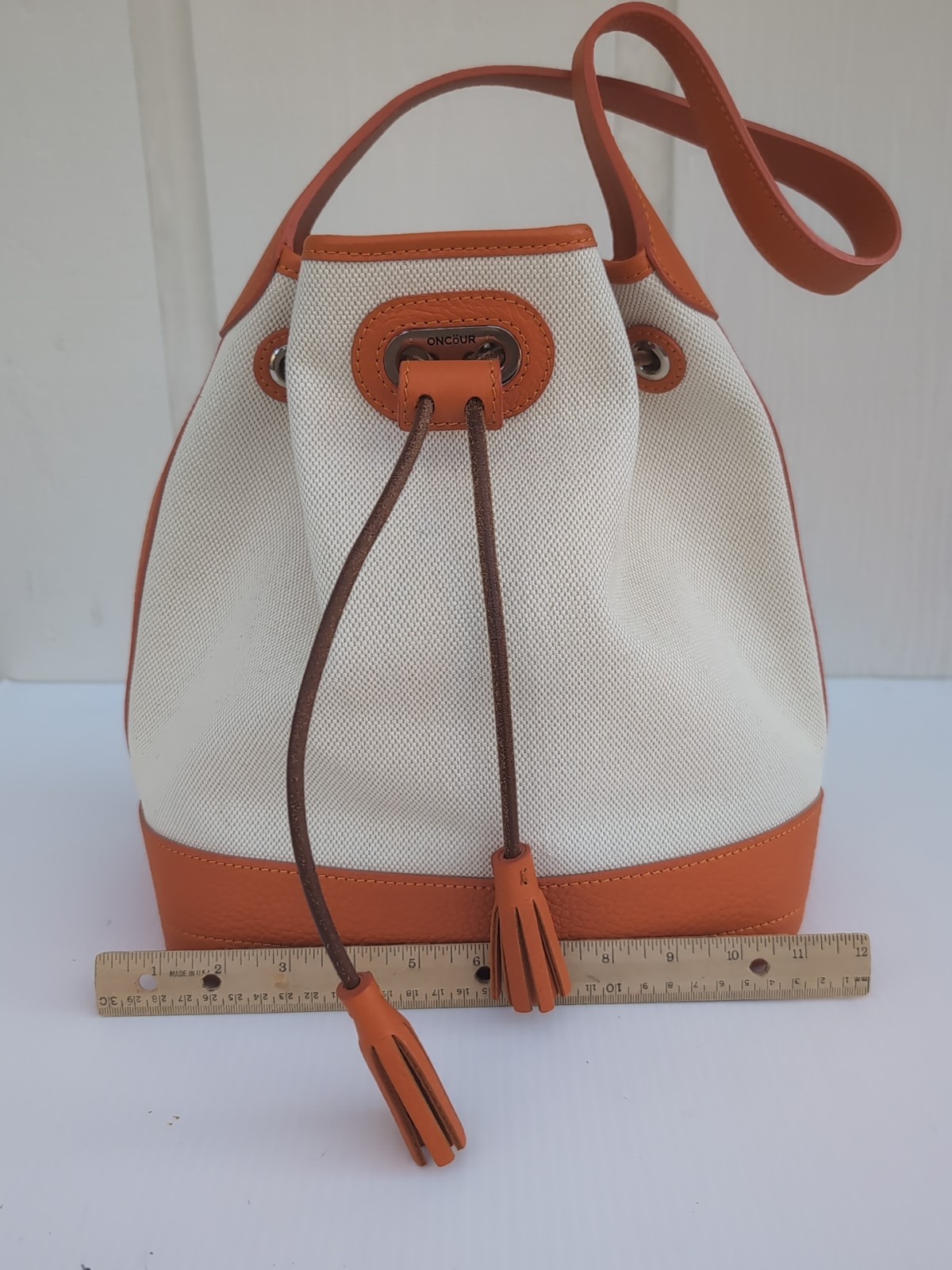 Oncour French Leather Drawstring Bucket Bag Beige Orange