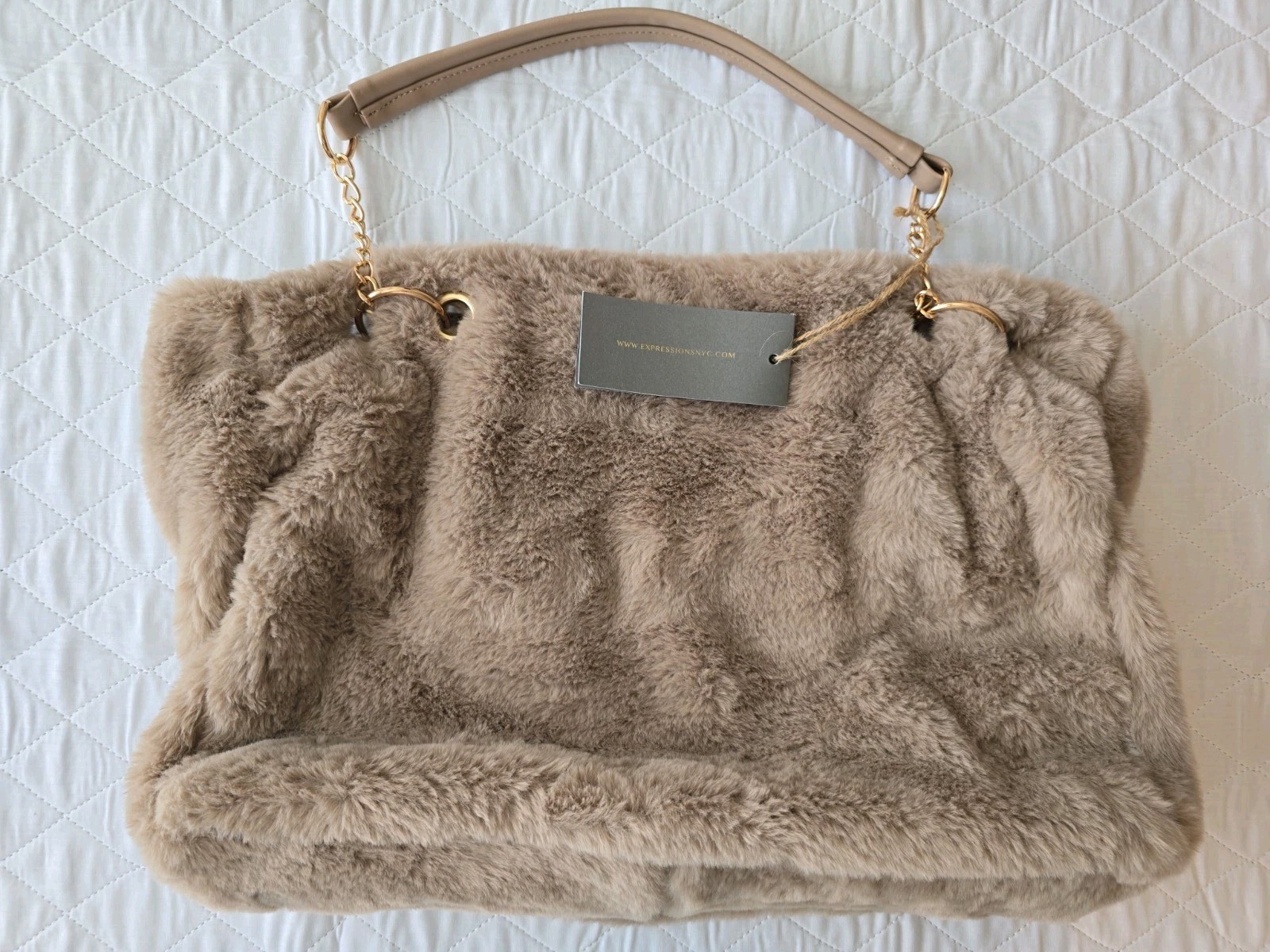 Expressions NYC Faux Fur Tote Bag Brown Plush Chain Shoulder Vegan Handbag