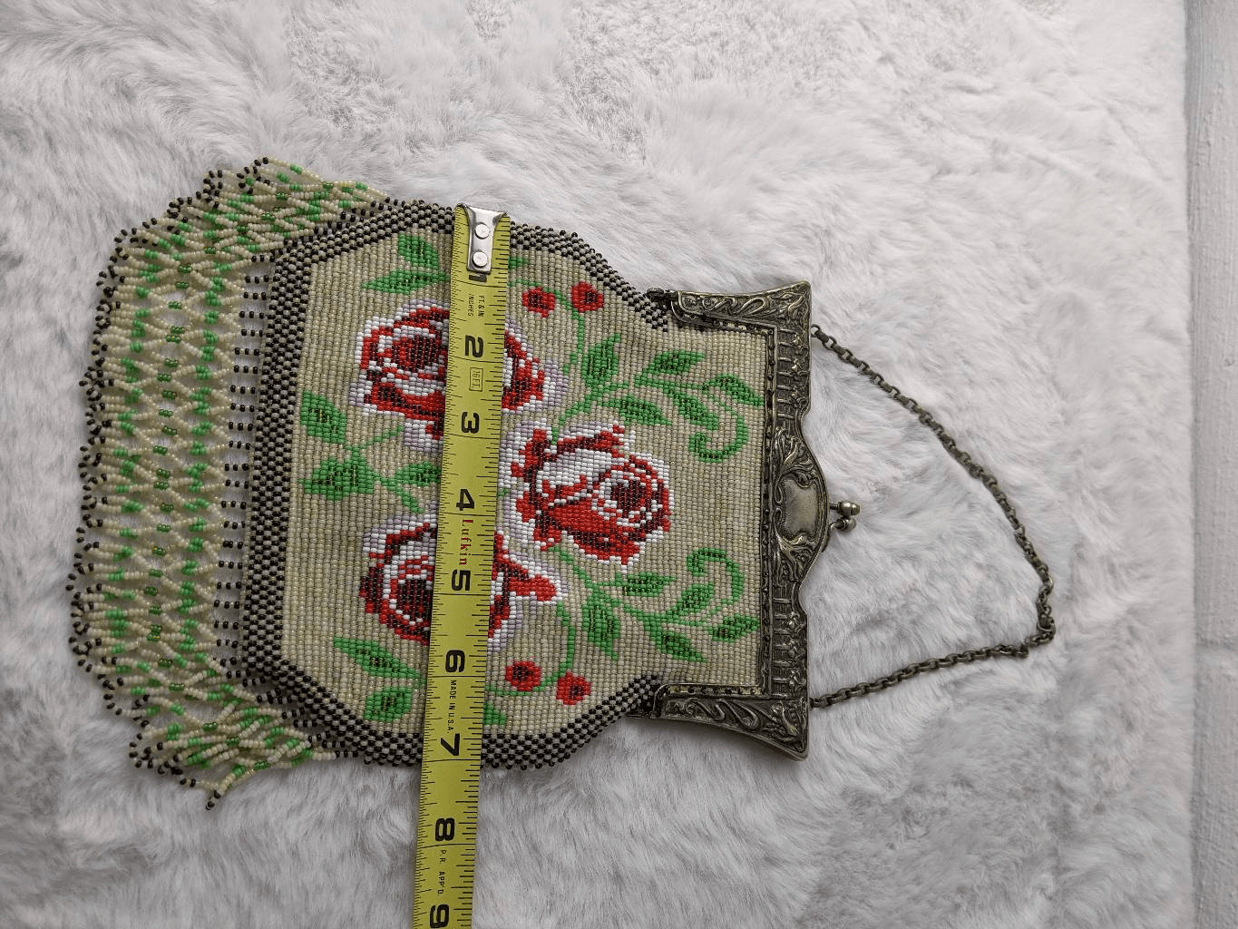 Vintage Mini Purse Sterling Silver Frame Kiss lock Bracket Handle Beaded Floral