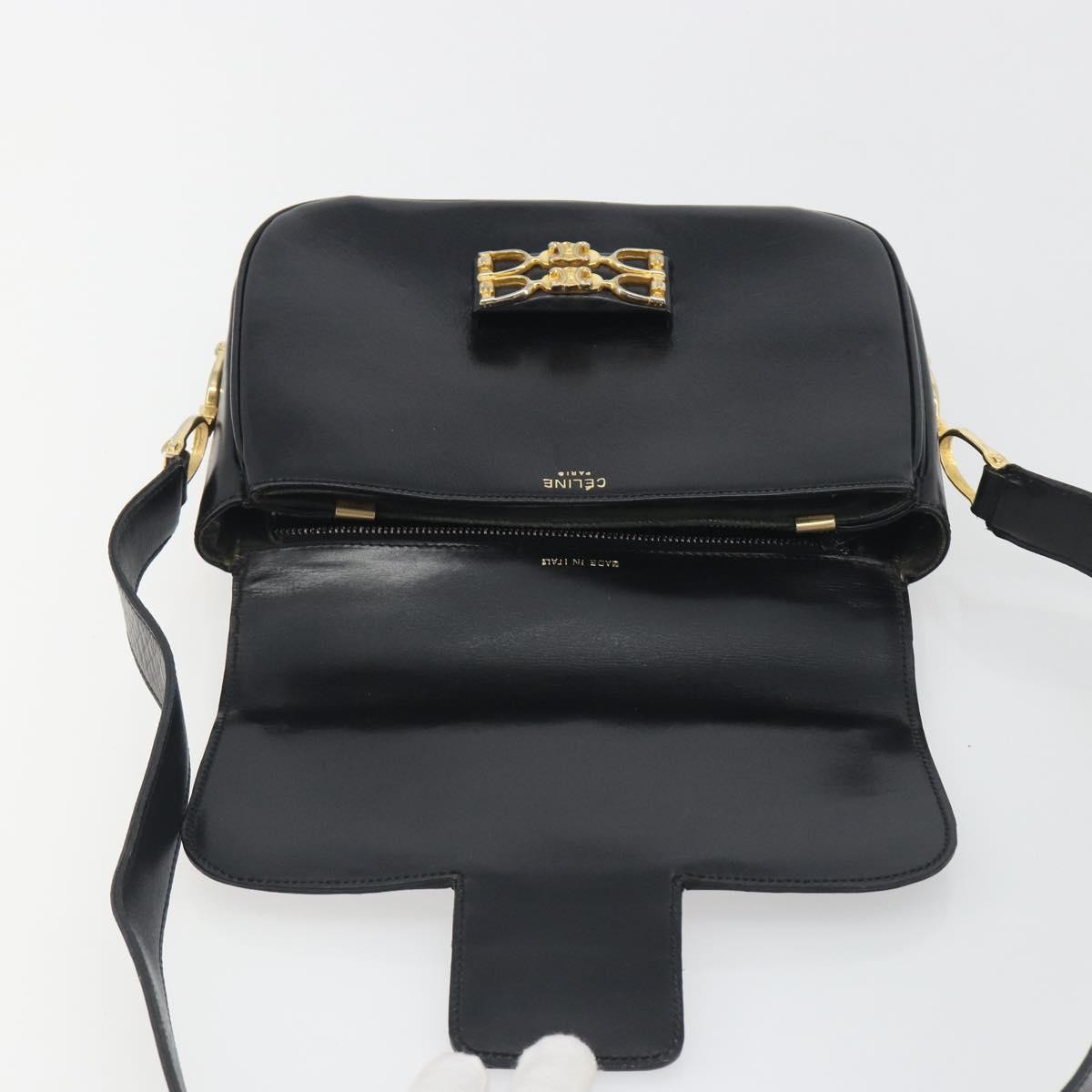 CELINE Shoulder Bag Leather Black Gold Auth 194301
