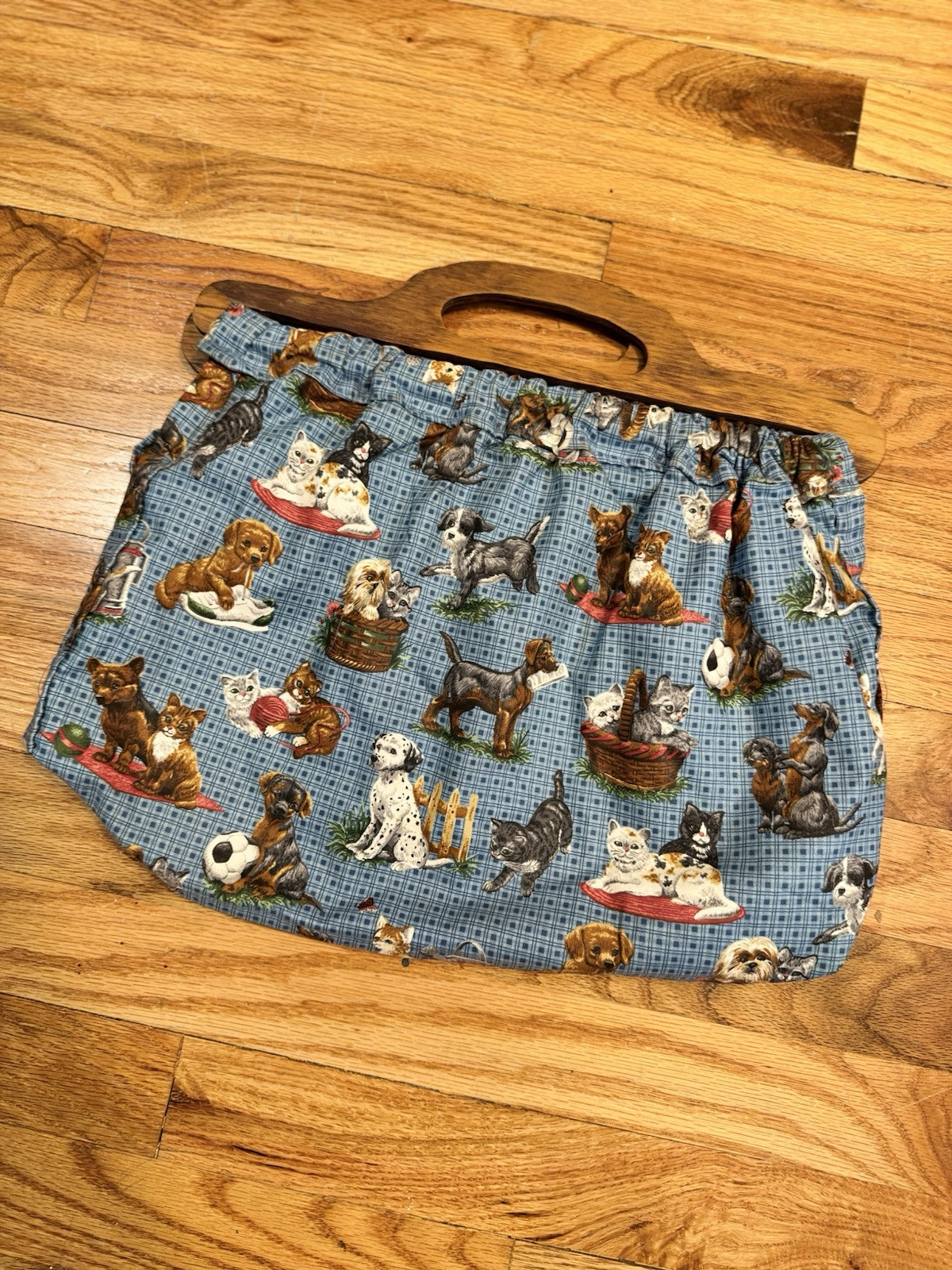 Puppy & Kitty Cute Purse With Wooden Top Handle Fabric