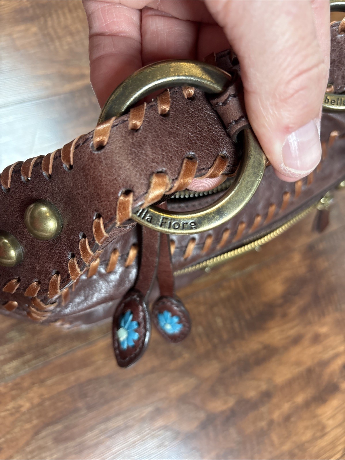 Isabella Fiore Rare Brown Leather Floral Shoulder Bag Blue Flowers Tassels Laced