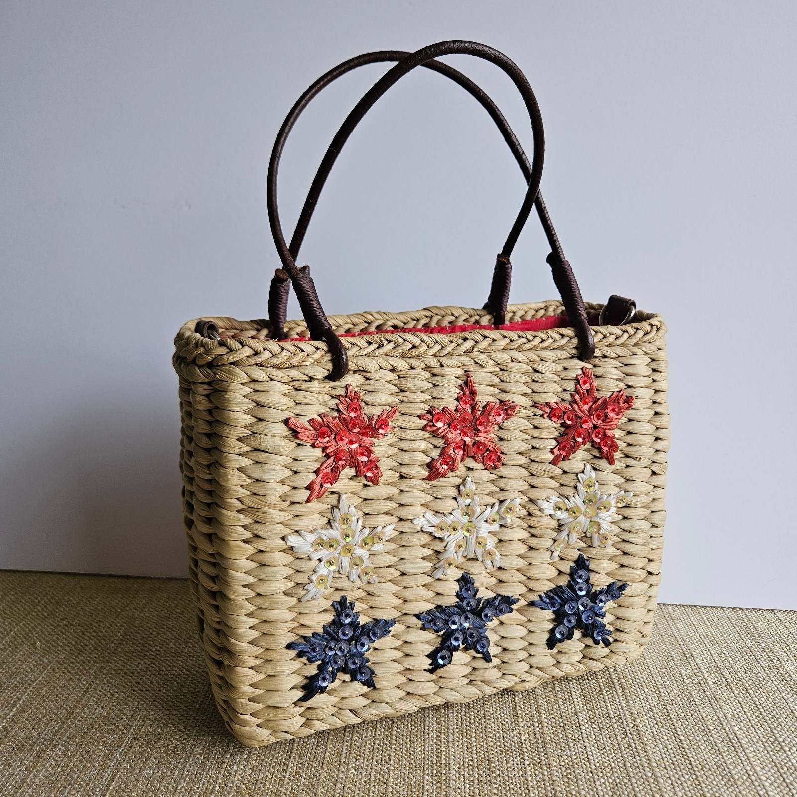Sonoma Straw Handbag Red White Blue Stars Woven Patriotic Crossbody Purse