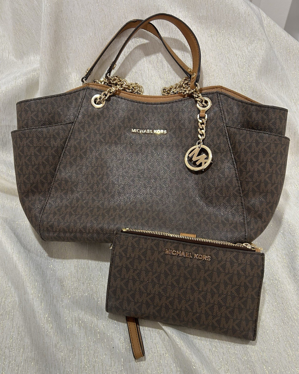 Michael Kors Brown MK Logo Large Zip Shoulder Bag w/ Wristlet, Gold