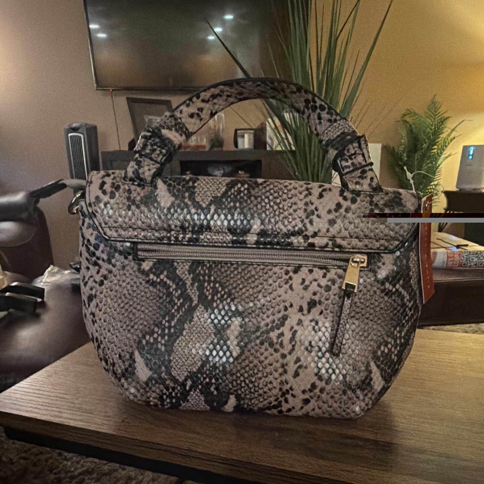 Snake Print Satchel Top Handle Bag Zip Closure Detachable Crossbody Brown/Black
