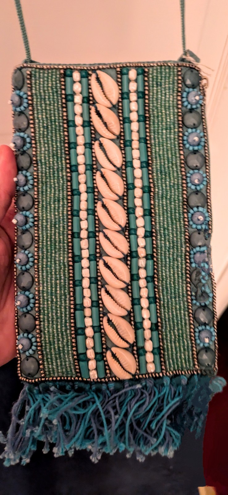 Bamboo Trading Co Bead Cowrie Shell Club Bag Wristlet Crossbody Fringe Turquoise