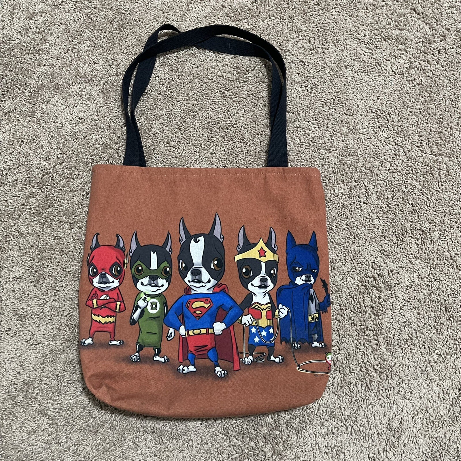Boston Terrier Justice League Superhero Canvas Tote Bag Brown DC Comics Graphic