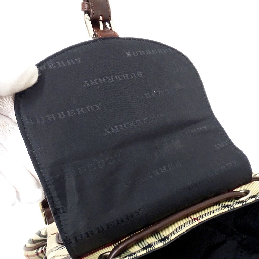 Burberry Mini Backpack Beige Brown Check Canvas Leather Women Drawstring Bag