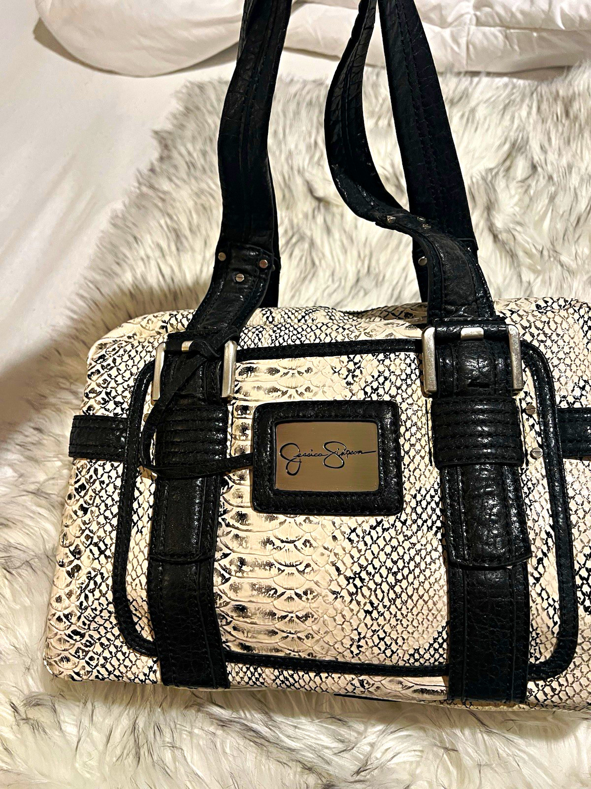 Jessica Simpson Snake Print Satchel Top Handle Zip Double Handles Silver Logo