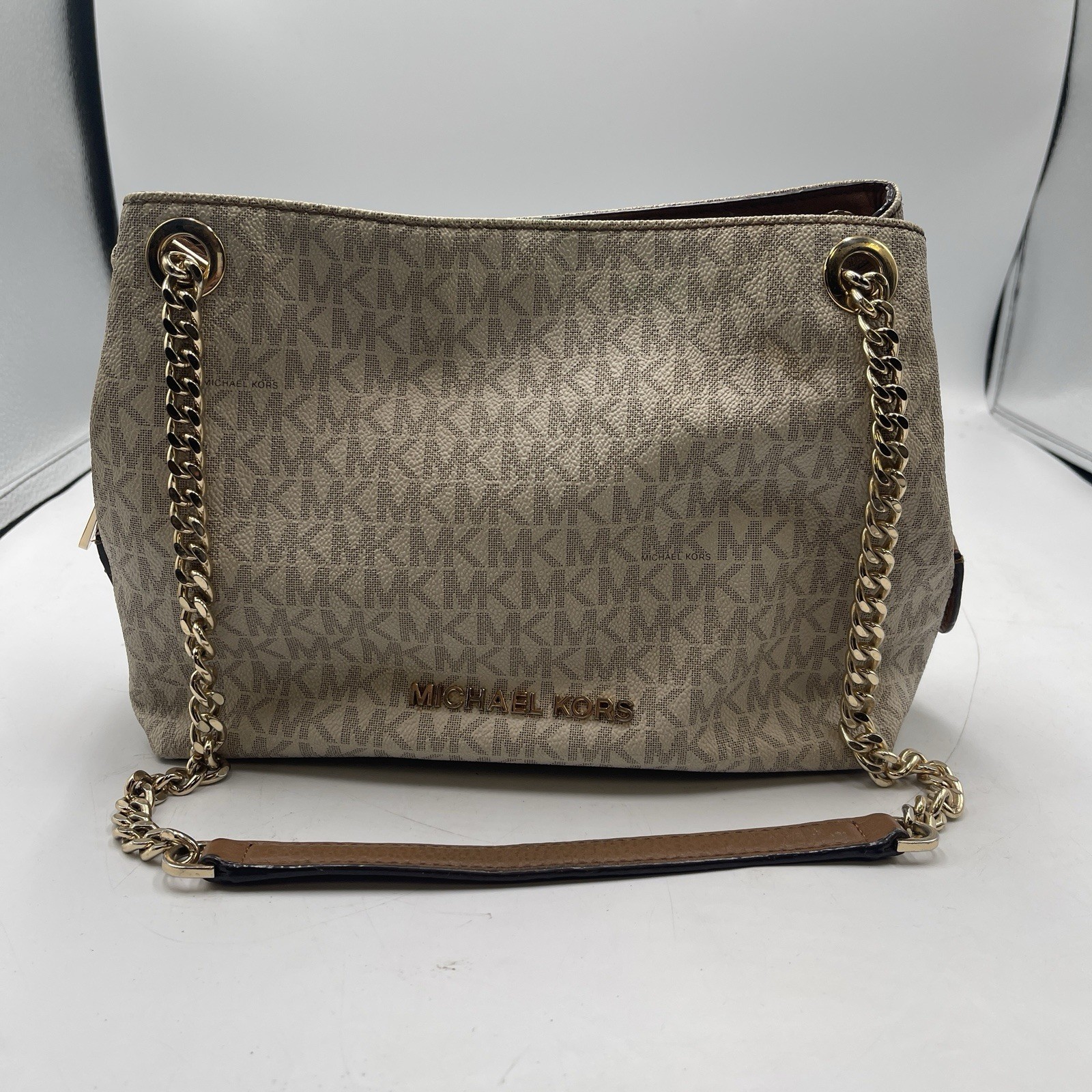 Michael Kors Jet Set Travel Beige Signature MK Logo Chain Shoulder Tote Bag